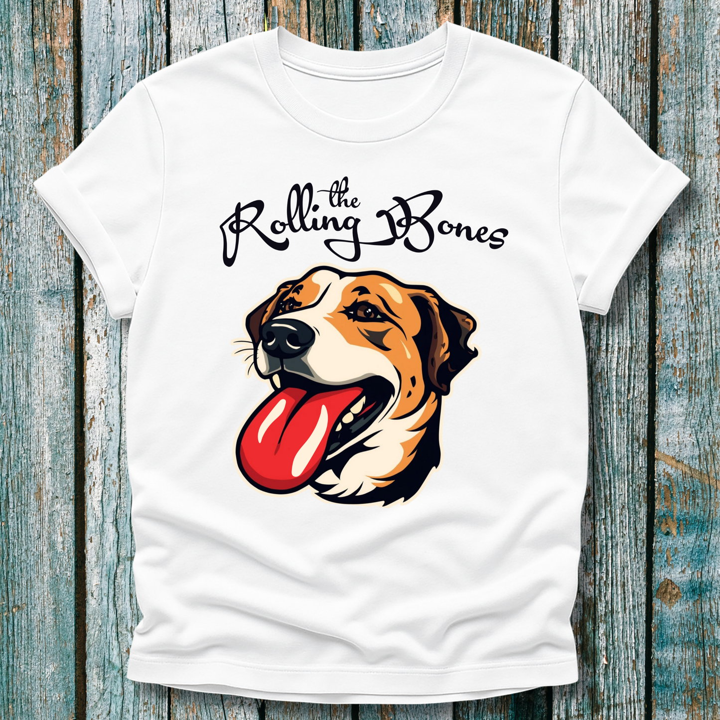 White T-Shirt with "the Rolling Bones" and large happy dog with his tongue out
