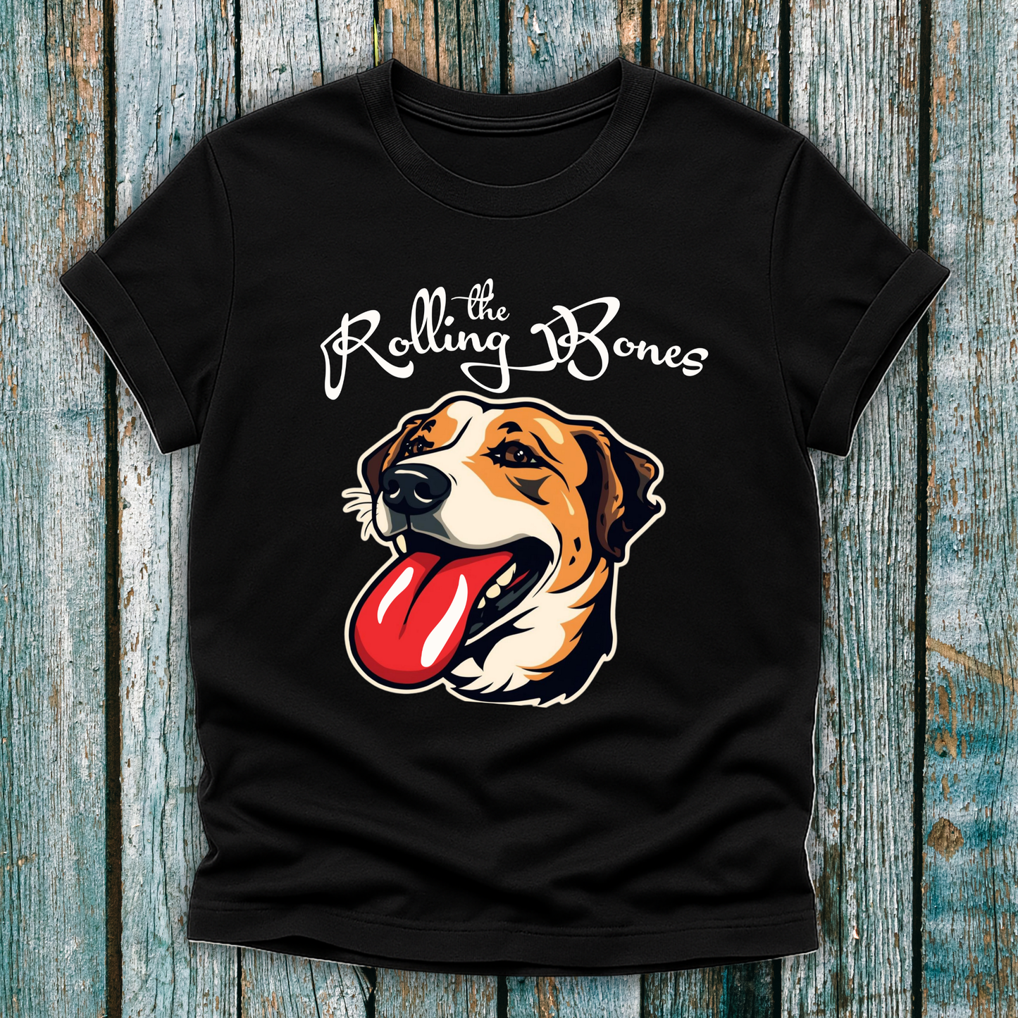 Black T-Shirt with "the Rolling Bones" and large happy dog with his tongue out