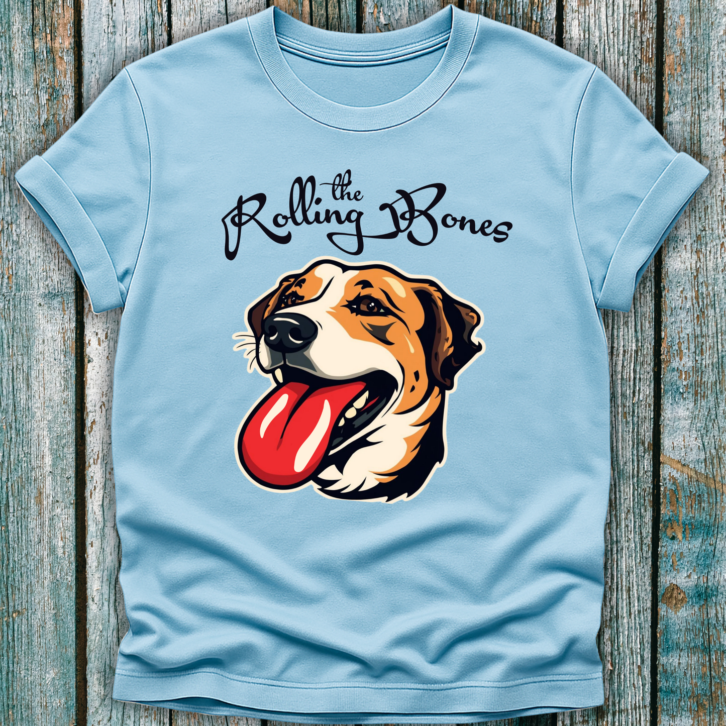 Light Blue T-Shirt with "the Rolling Bones" and large happy dog with his tongue out