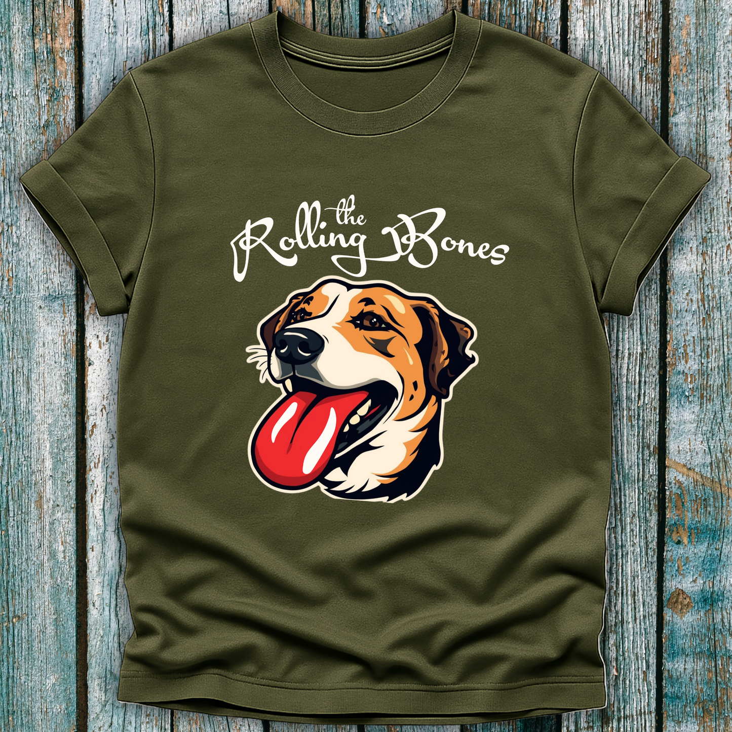 Green T-Shirt with "the Rolling Bones" and large happy dog with his tongue out