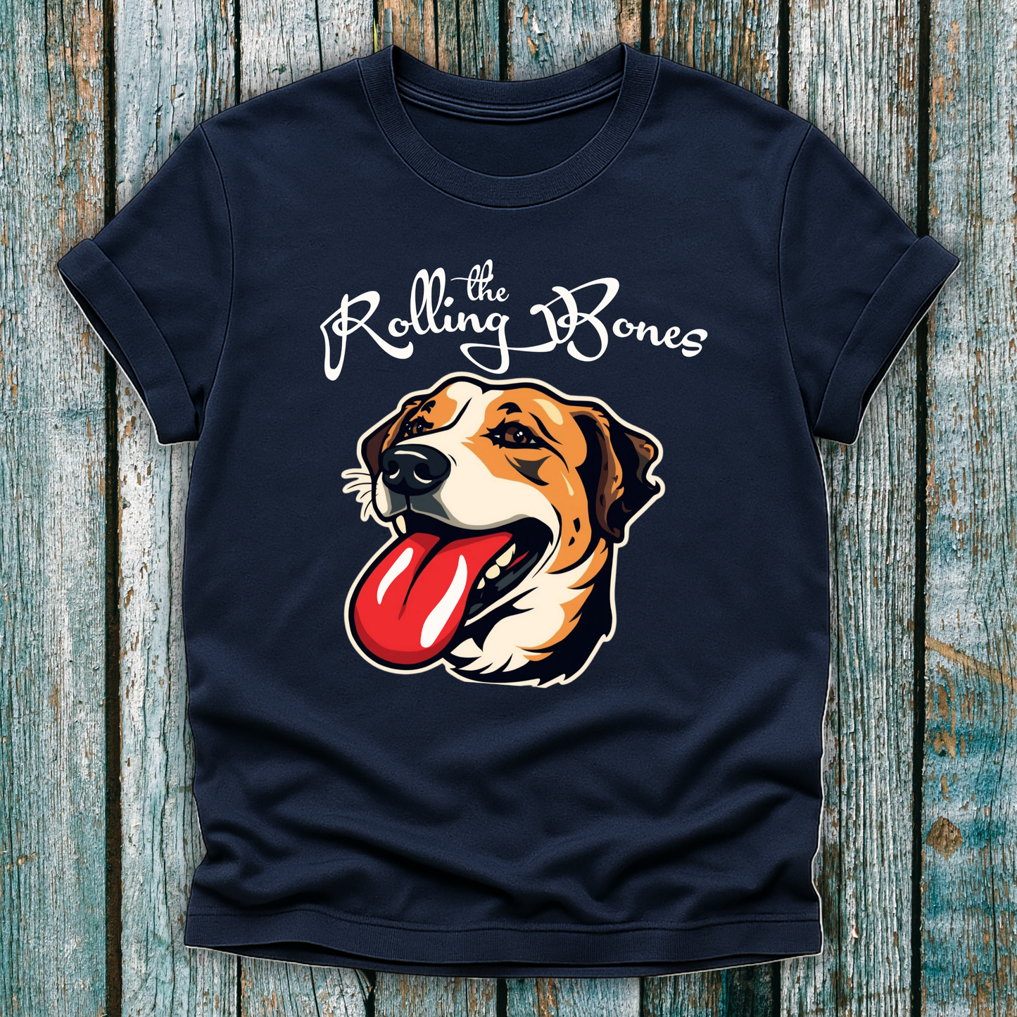 Navy T-Shirt with "the Rolling Bones" and large happy dog with his tongue out