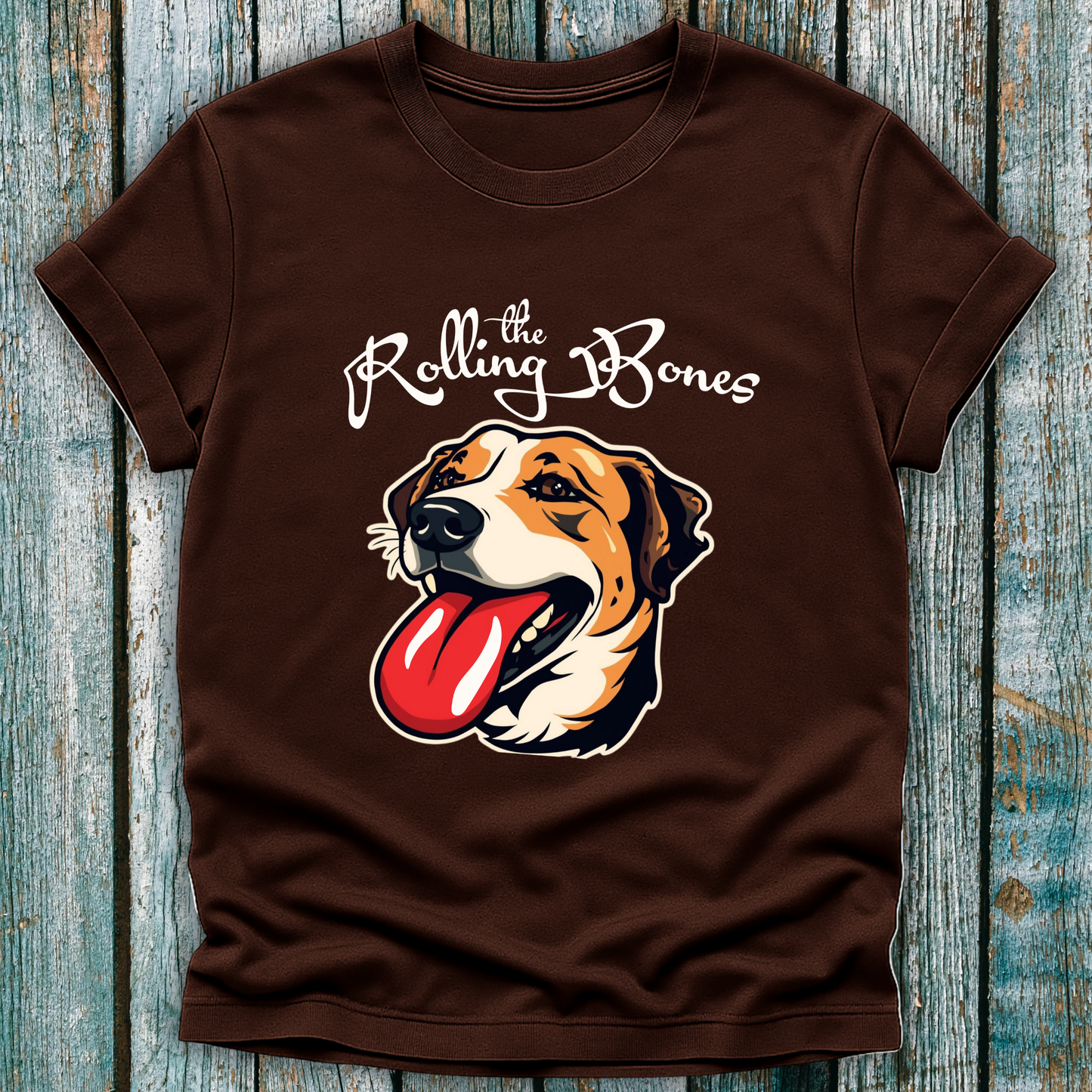 Brown T-Shirt with "the Rolling Bones" and large happy dog with his tongue out