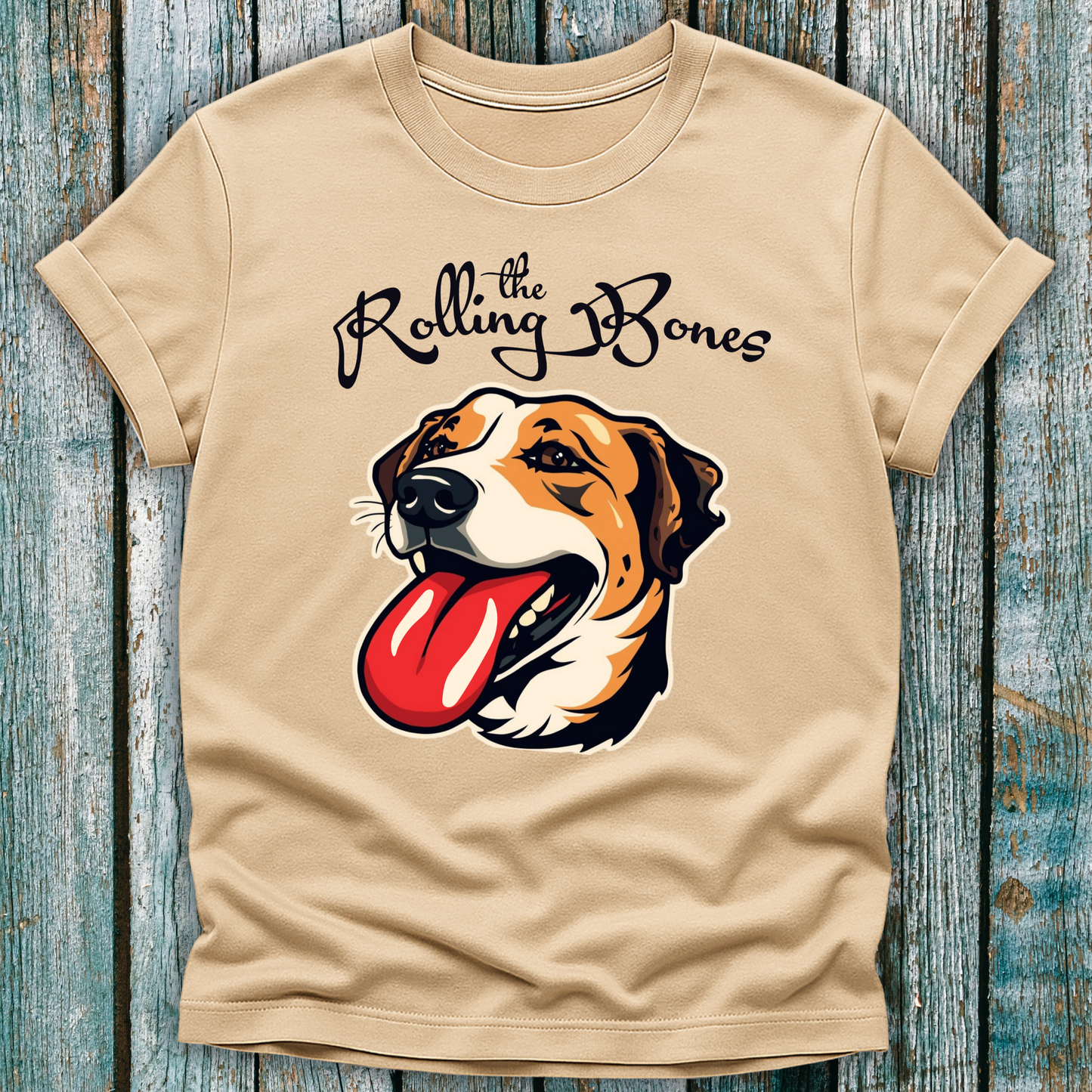 Beige T-Shirt with "the Rolling Bones" and large happy dog with his tongue out