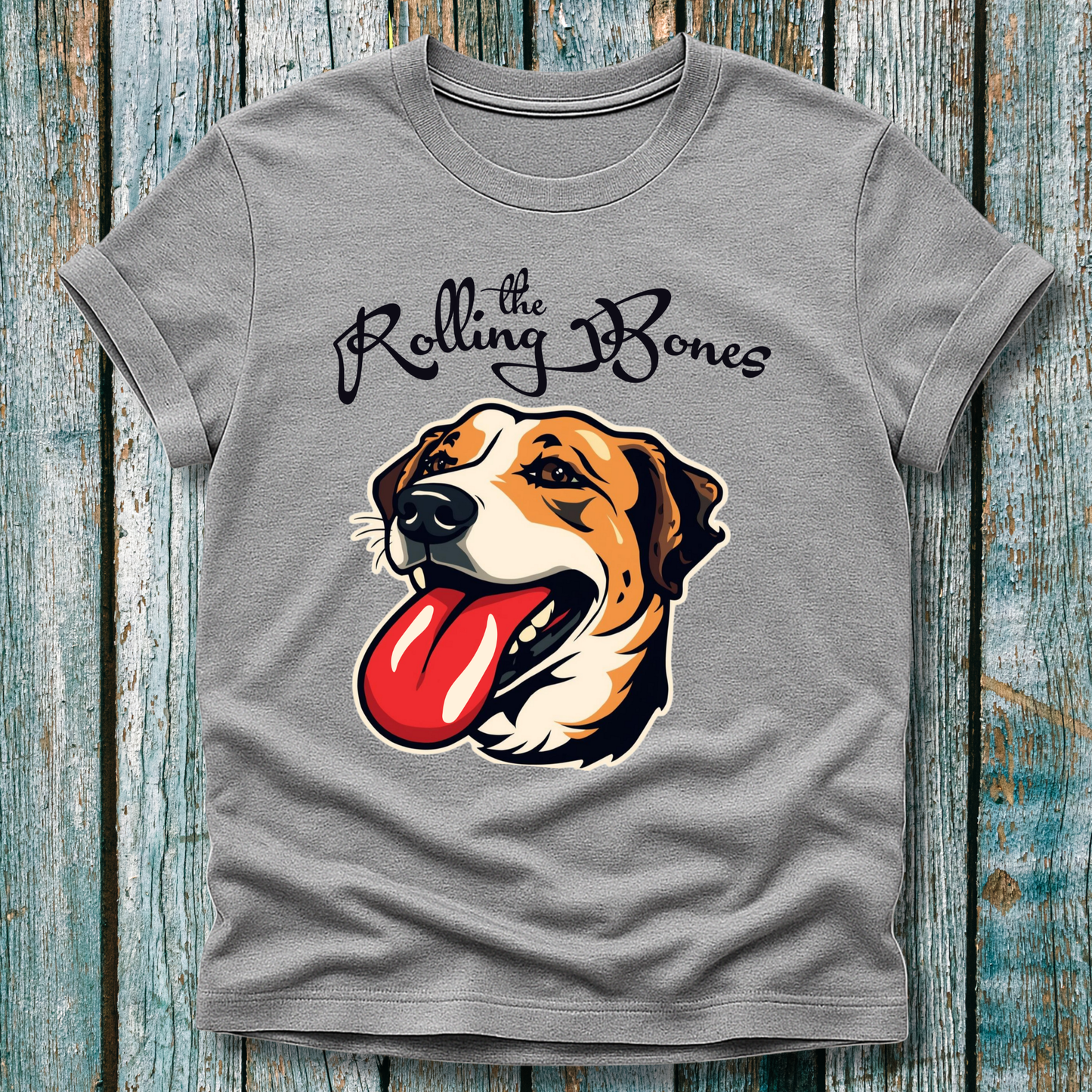  Gray T-Shirt with "the Rolling Bones" and large happy dog with his tongue out
