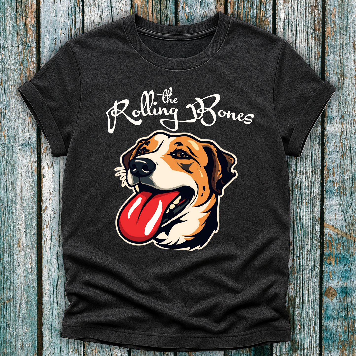 Dark Gray T-Shirt with "the Rolling Bones" and large happy dog with his tongue out