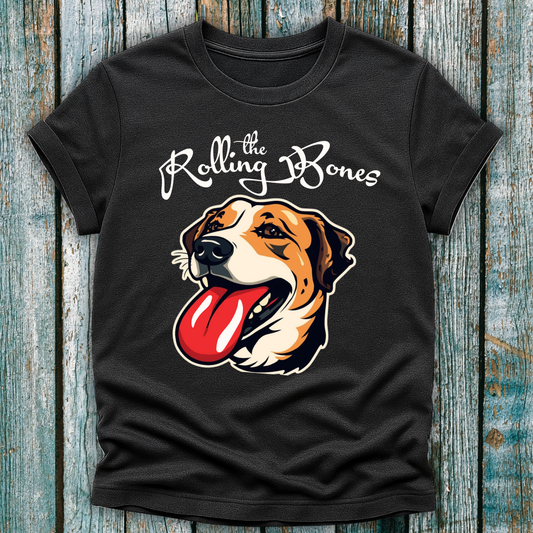 Dark Gray T-Shirt with "the Rolling Bones" and large happy dog with his tongue out
