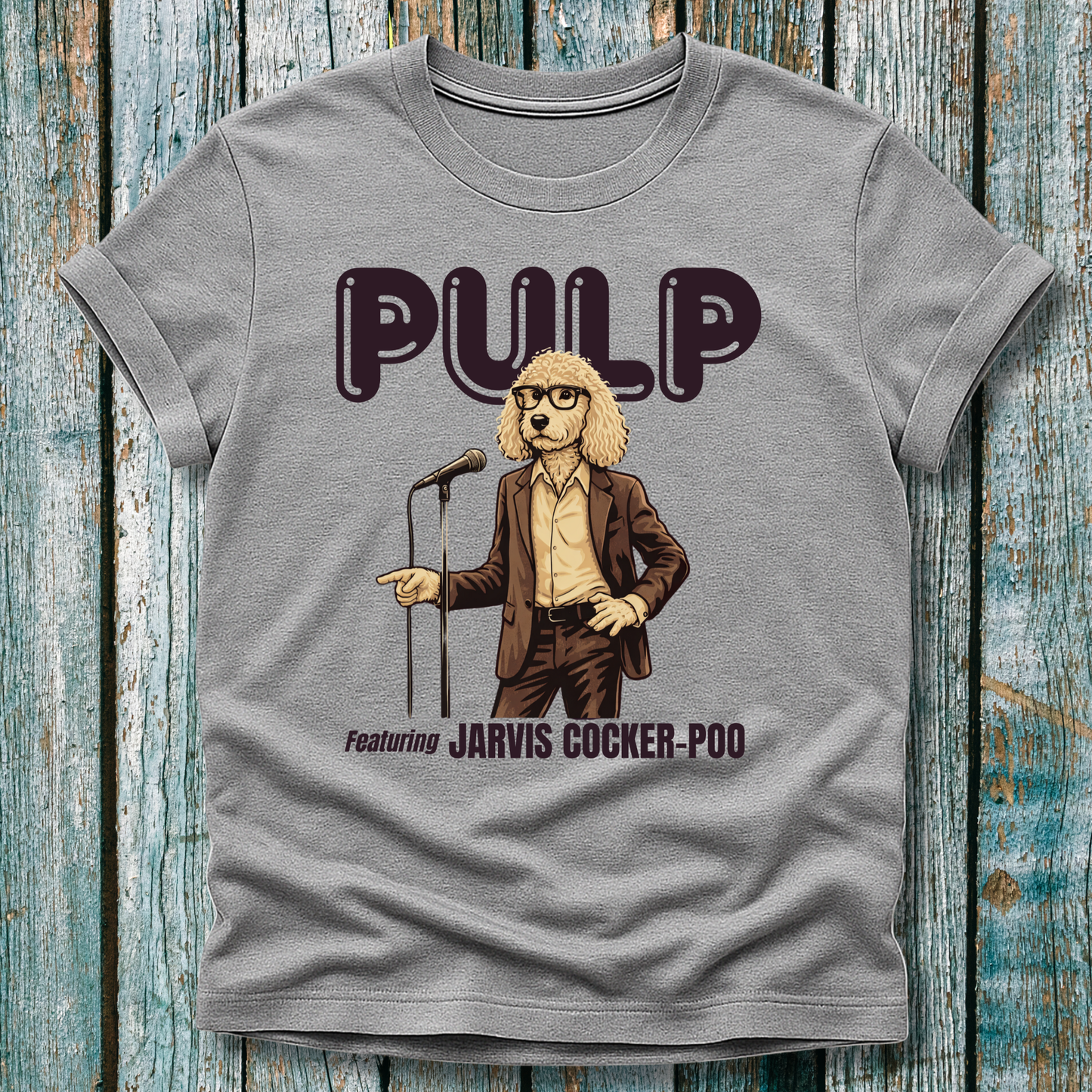 Gray t-shirt with a graphic of a dog in a suit and glasses holding a microphone, labeled 'Pulp featuring Jarvis Cocker Poo'.