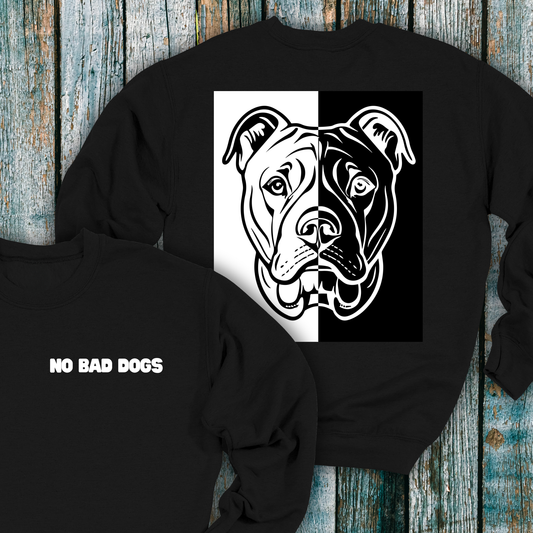 Black sweatshirt with 'NO BAD DOGS' text and a graphic of a dog's face on the back