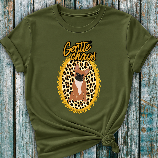 Green T-Shirt with Frenchie Dog in a frame and the words "Gentle Chaos"