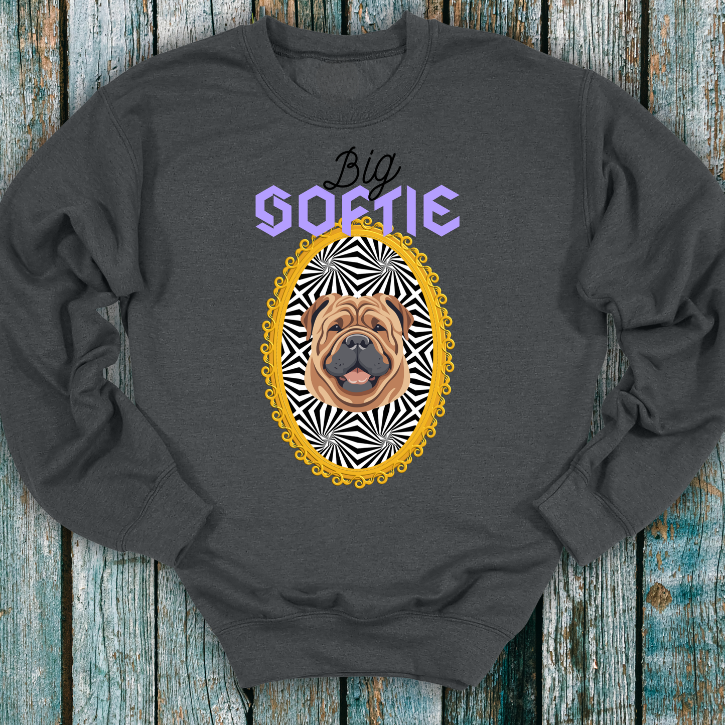 Dark gray sweatshirt with a Shar_Pei dog graphic and 'Big Softie' text on a wooden surface