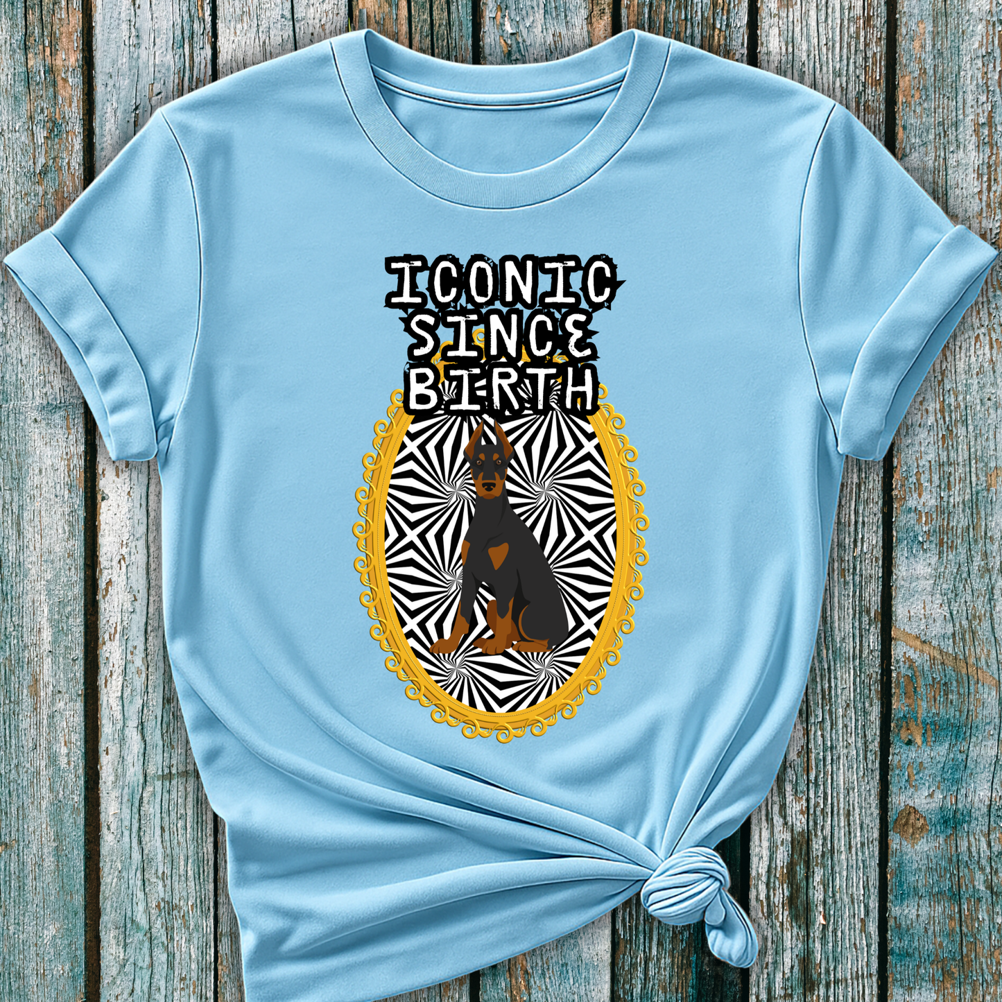 Light blue t-shirt with a graphic design of a Doberman dog and "Iconic Since Birth" text on a wooden surface