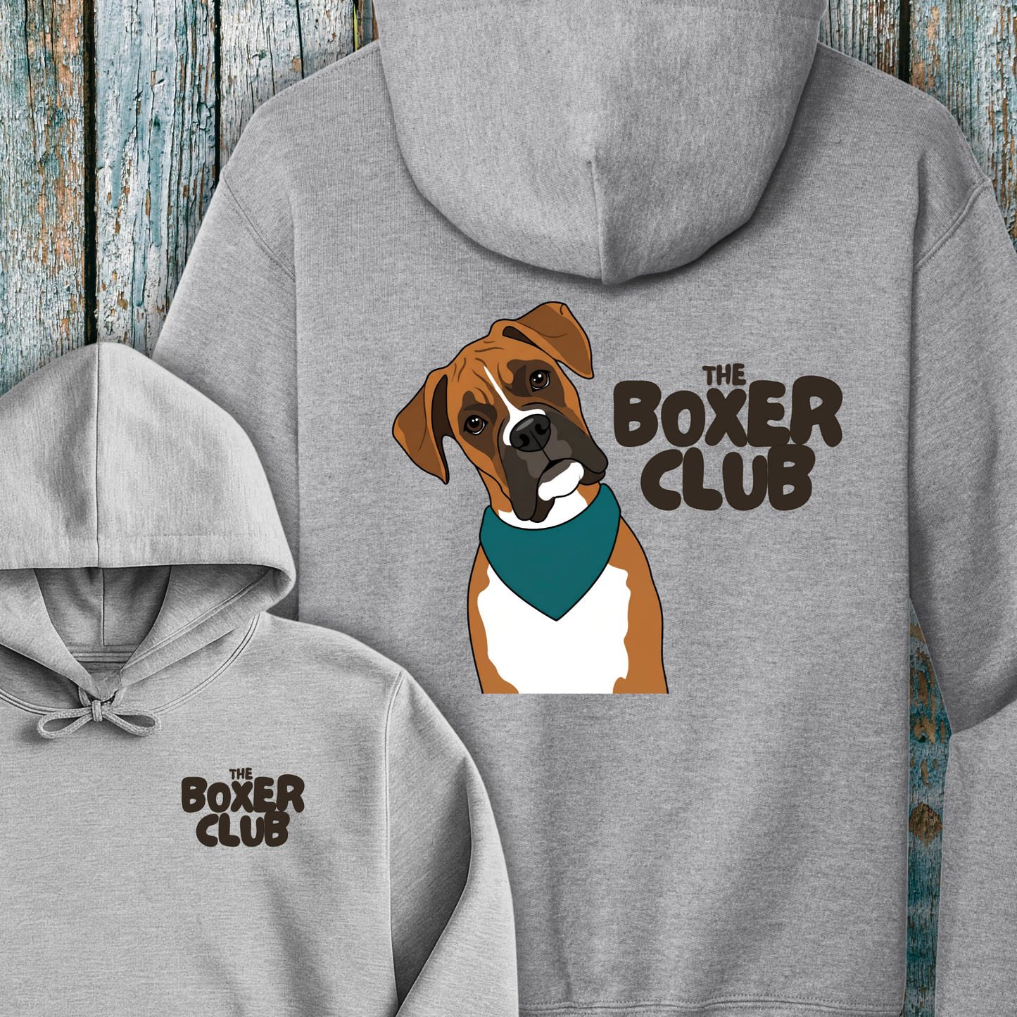 Gray hoodie with 'The Boxer Club' design featuring a boxer dog on a wooden background