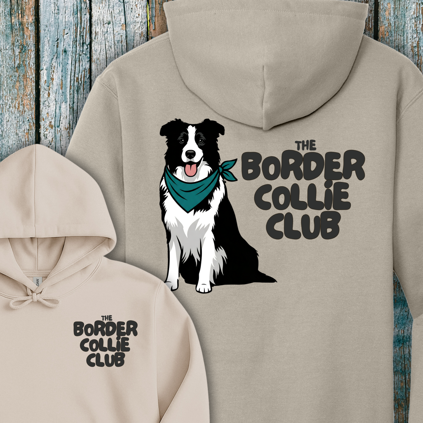 Beige hoodie with a Border Collie design and 'The Border Collie Club' text on a wooden background