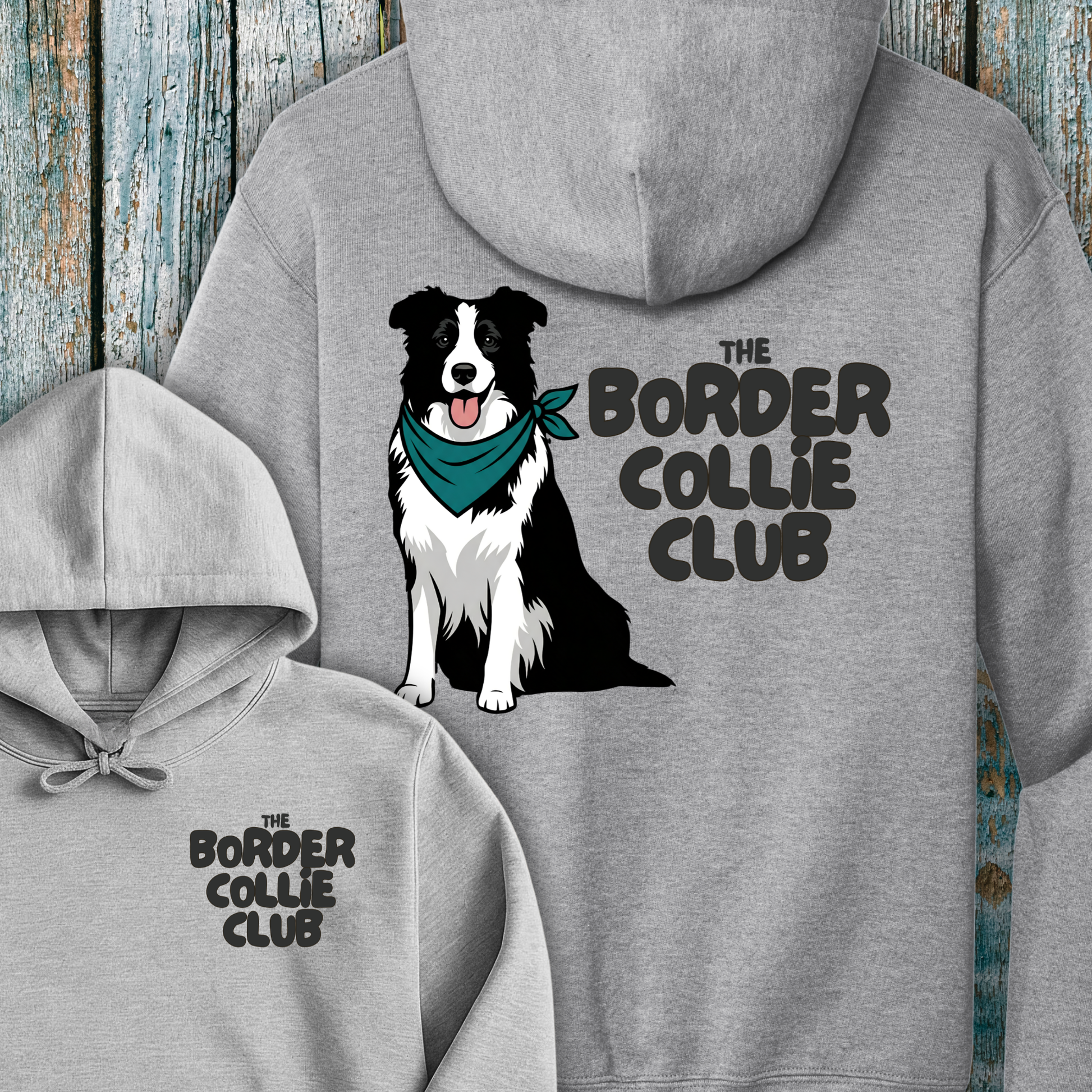 Gray hoodie with a border collie design and 'The Border Collie Club' text on a wooden background