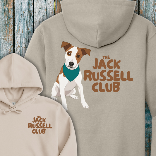 Beige hoodie with Jack Russell Terrier design and 'The Jack Russell Club' text on a wooden background
