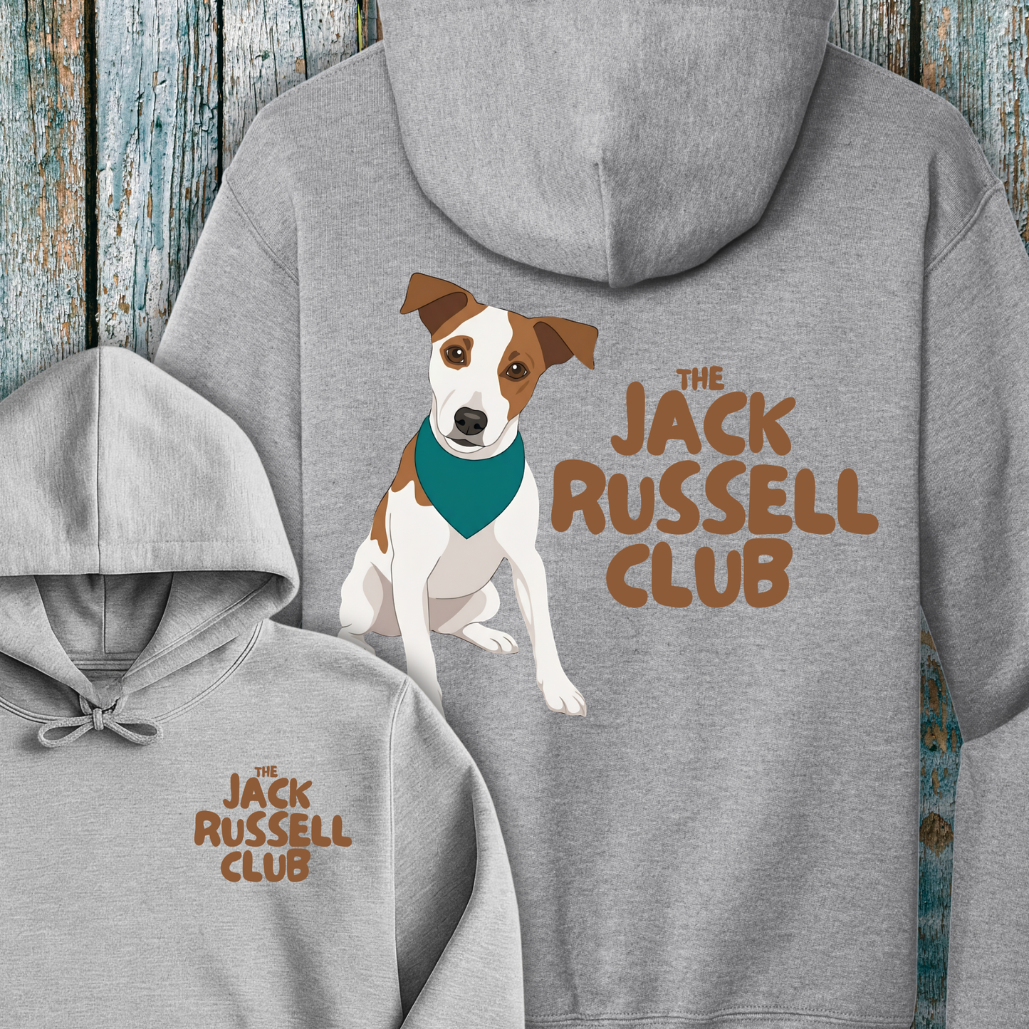 Gray hoodie with a Jack Russell Terrier illustration and 'The Jack Russell Club' text on a wooden background