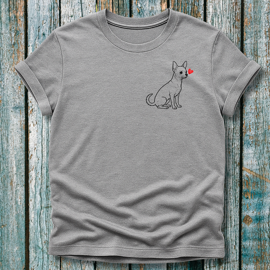 Gray t-shirt with a Chihuahua dog illustration and red heart on a wooden surface