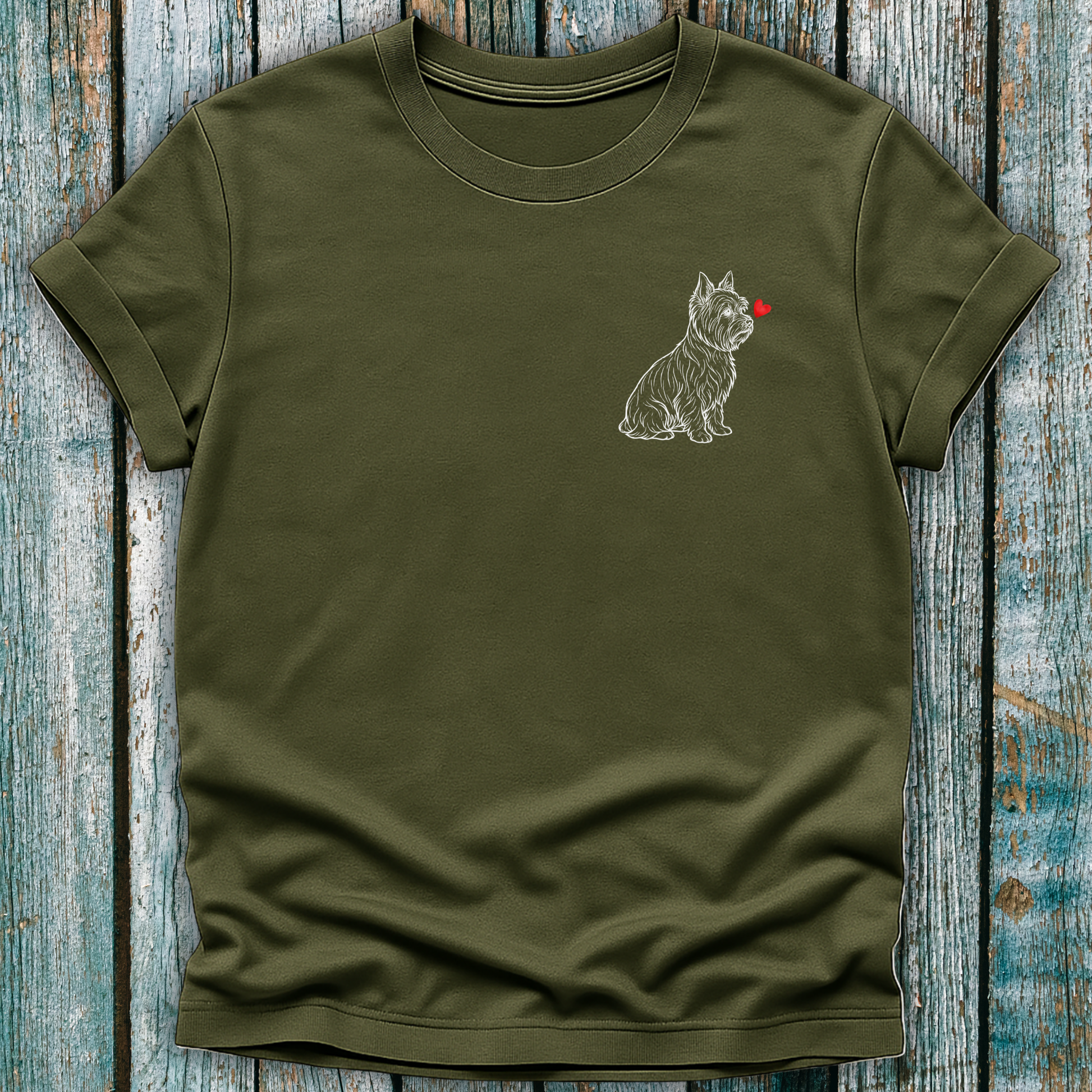 green t-shirt with Westie dog and love heart 