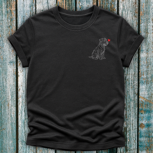 Dark gray t-shirt with Boston Terrier and love heart graphic