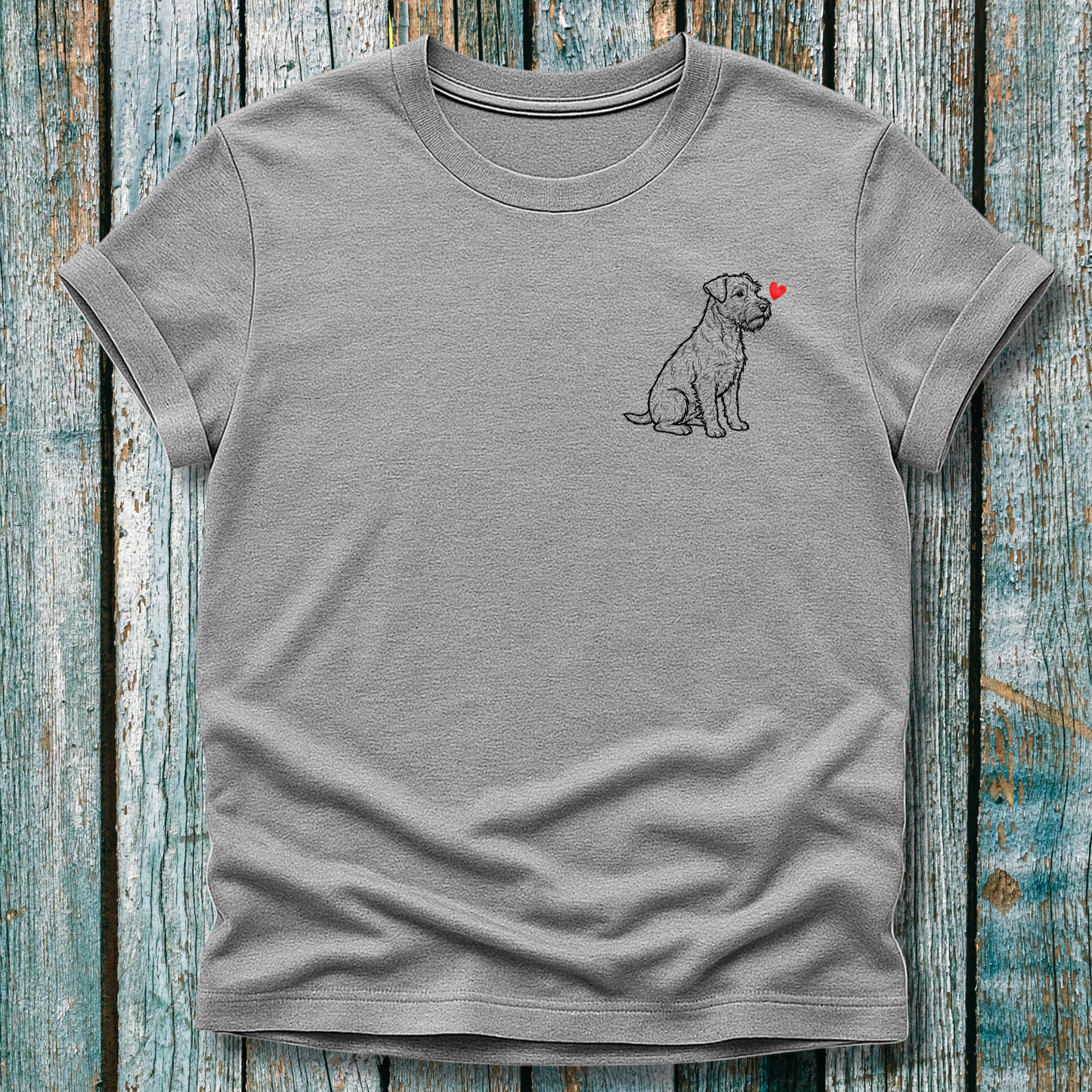  gray t-shirt with Boston Terrier and love heart graphic