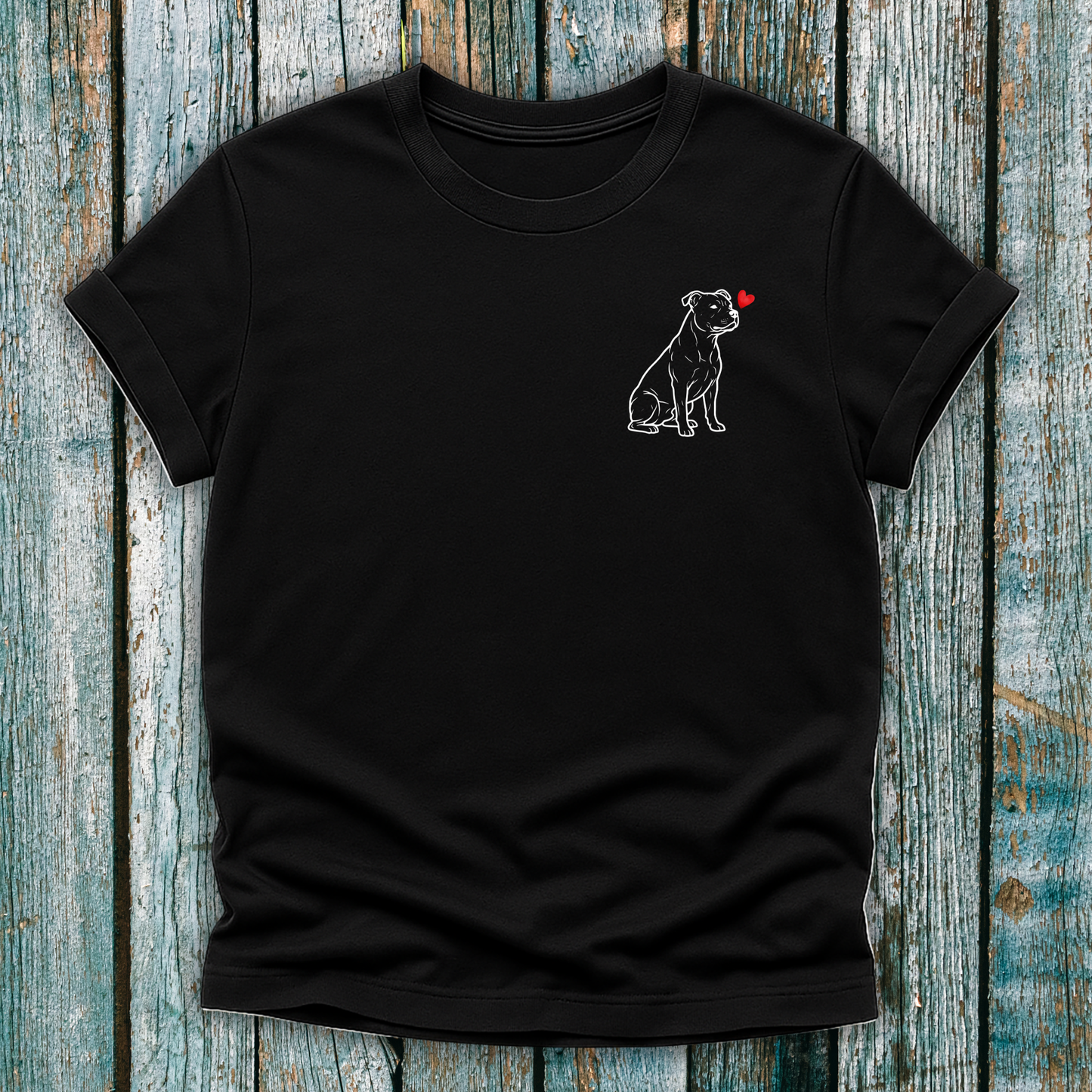 Black t-shirt with staffy pitty graphic and a love heart