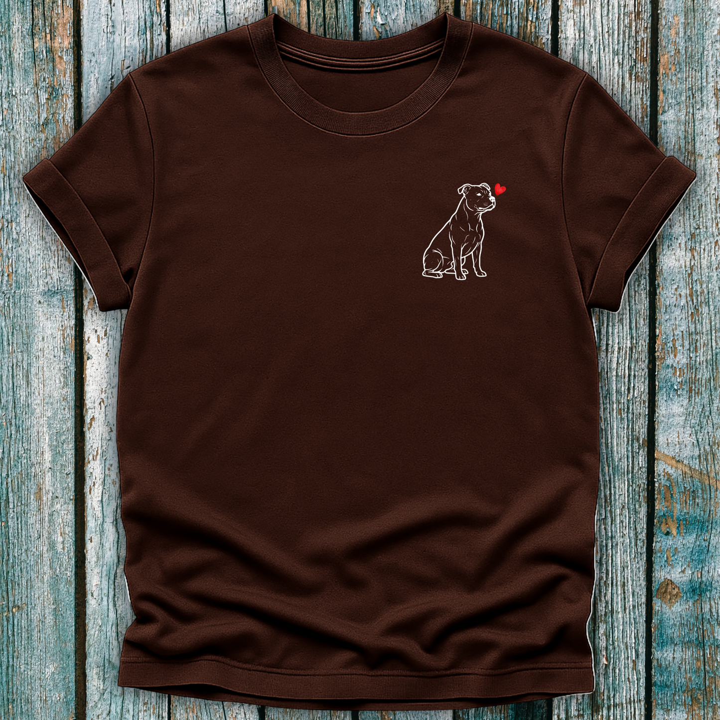 Brown t-shirt with staffy pitty graphic and a love heart