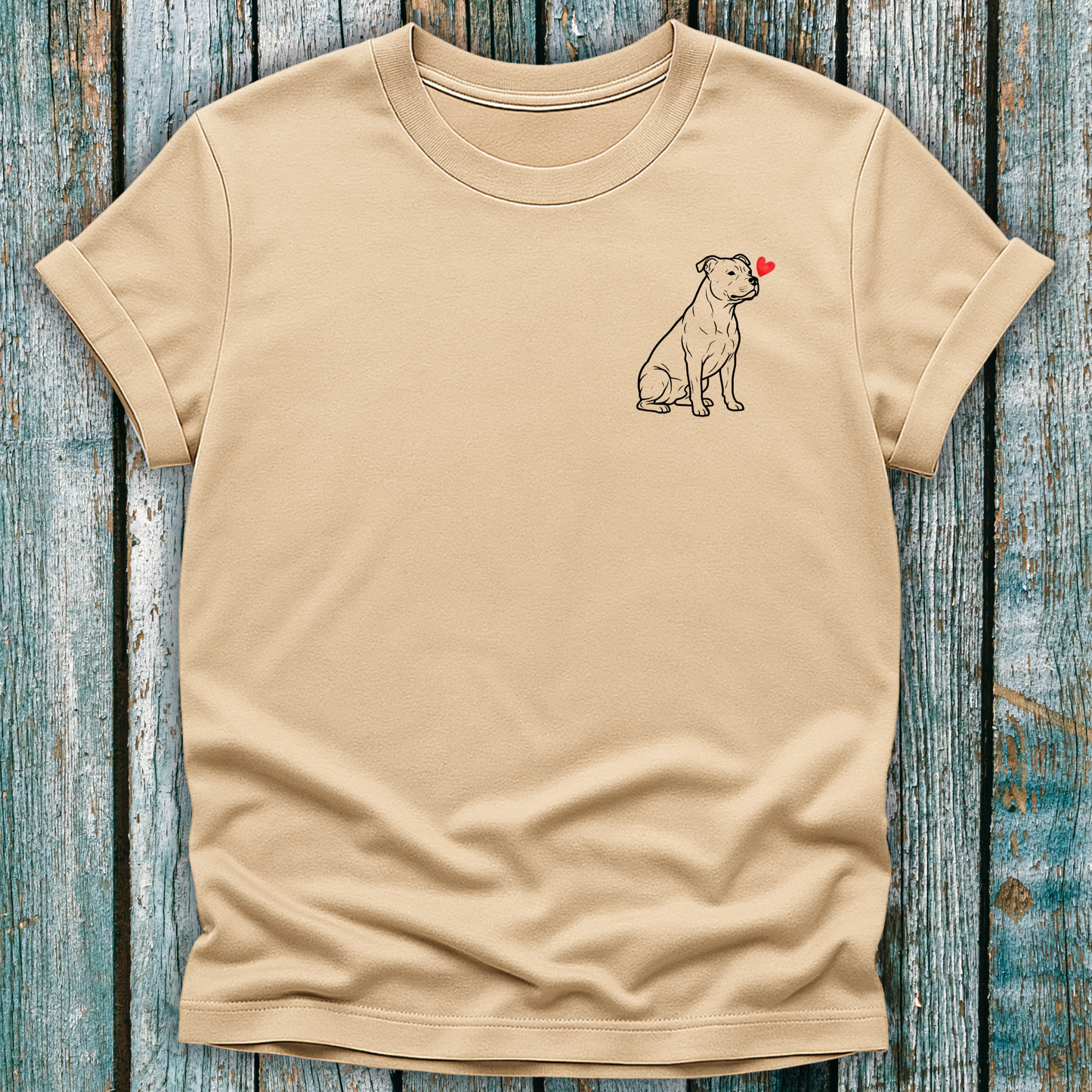 Beige t-shirt with staffy pitty graphic and a love heart