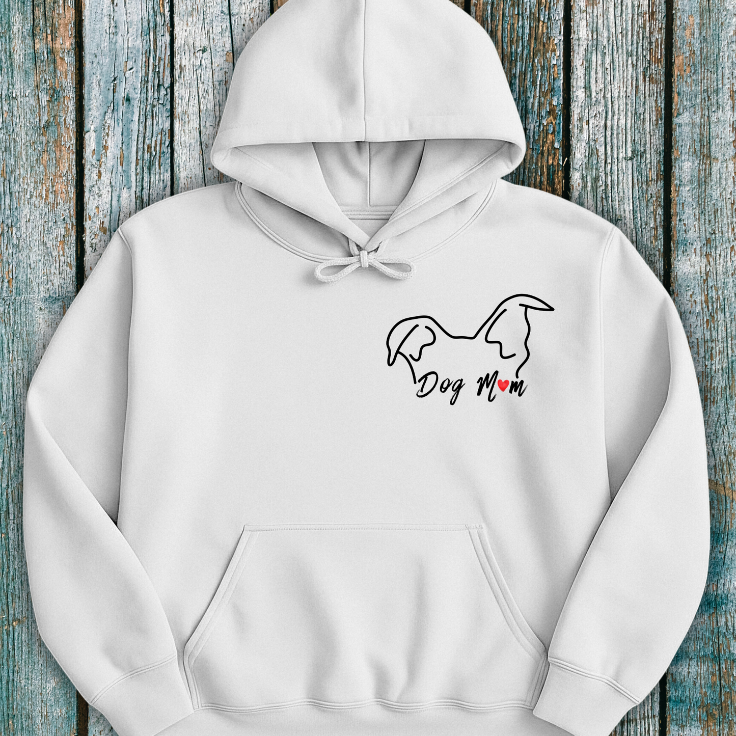 white hoodie with dog mom/mum and dog ears graphic