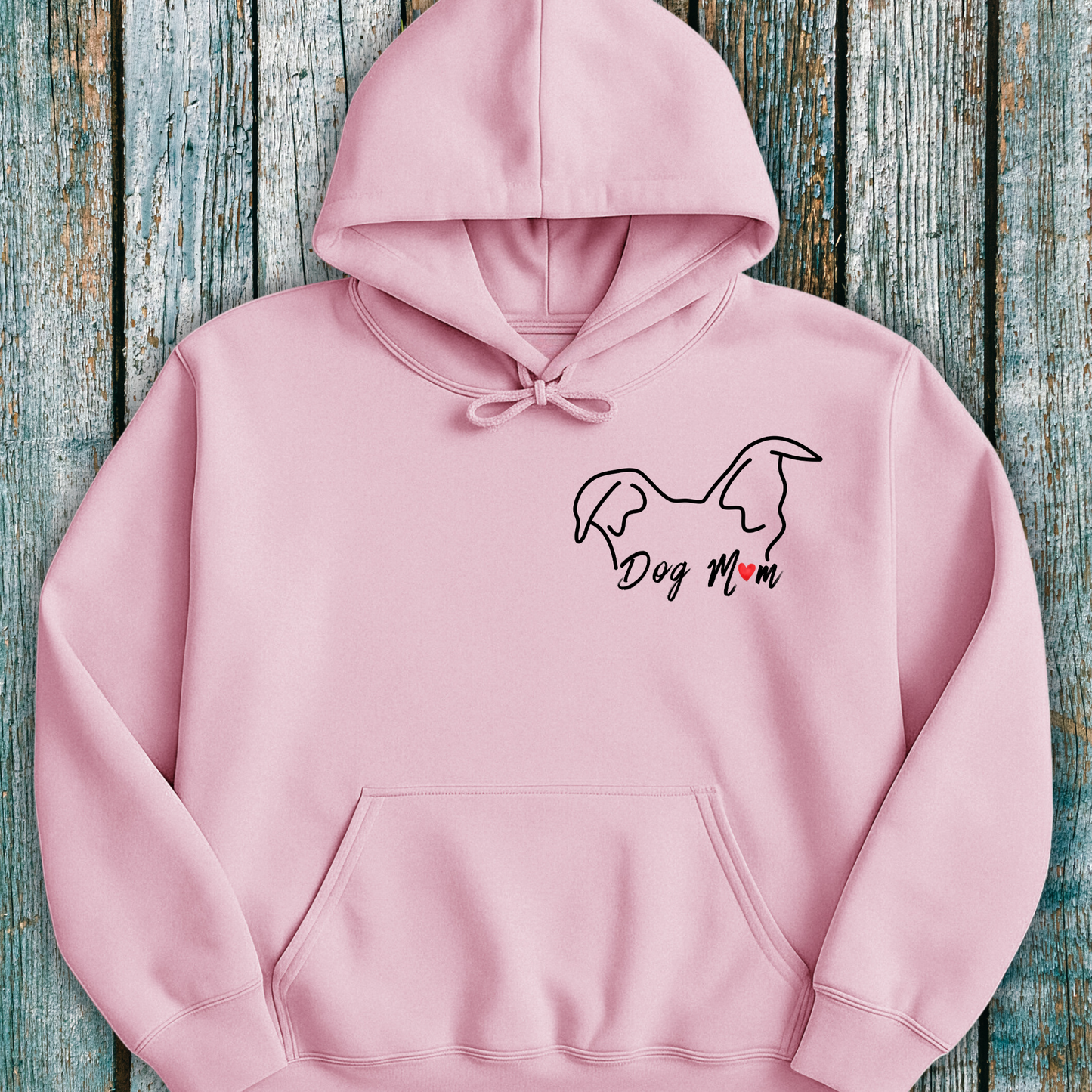 Pink hoodie with dog mom/mum and dog ears graphic