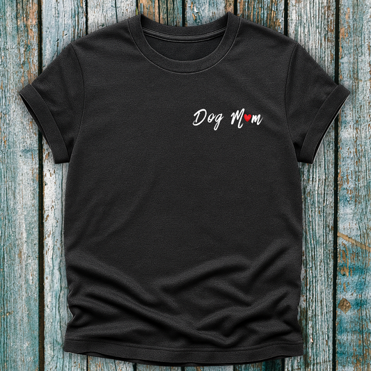 Black t-shirt with 'Dog Mom' 'Dog Mum' text on a wooden surface