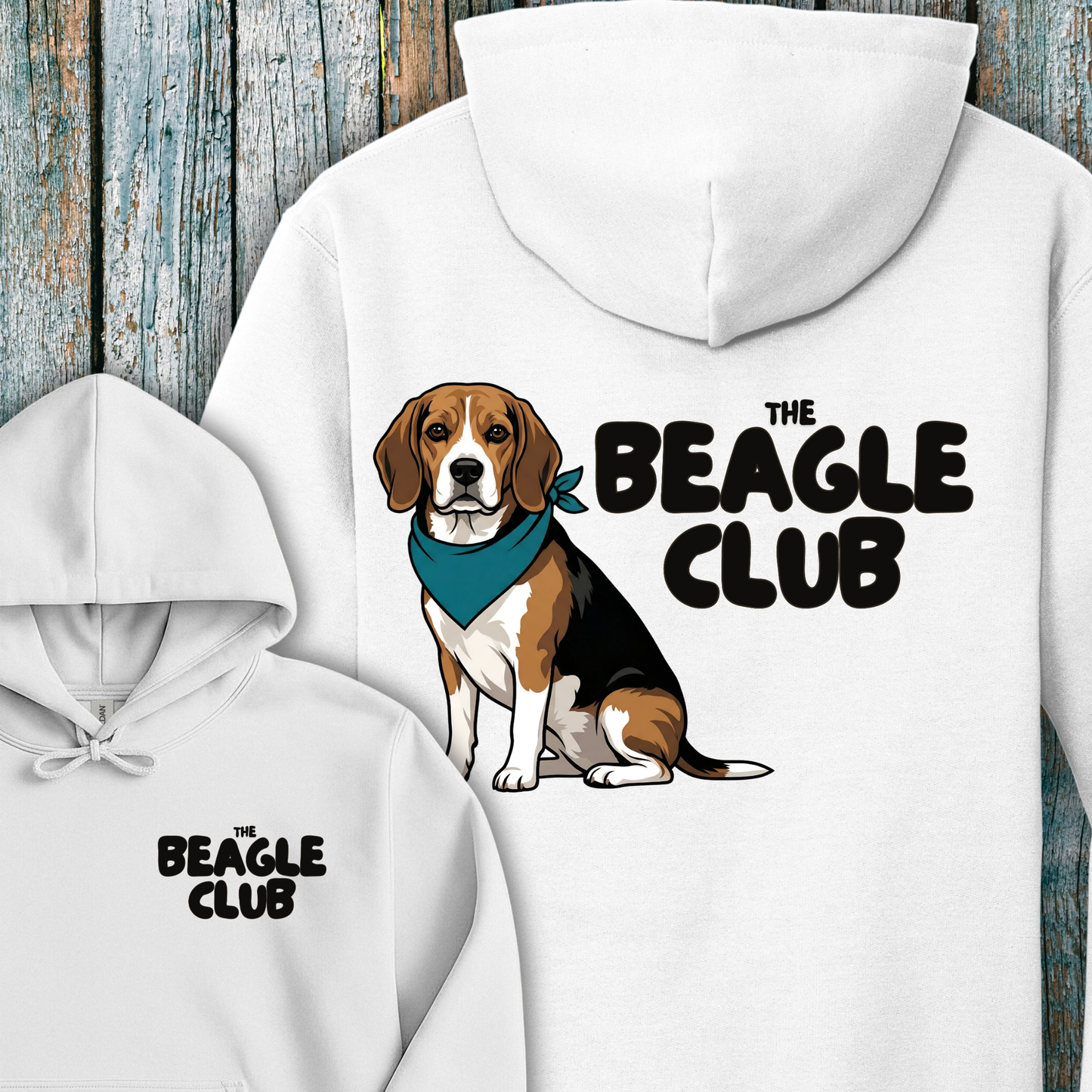 White hoodie with a Beagle dog graphic and The Beagle Club text