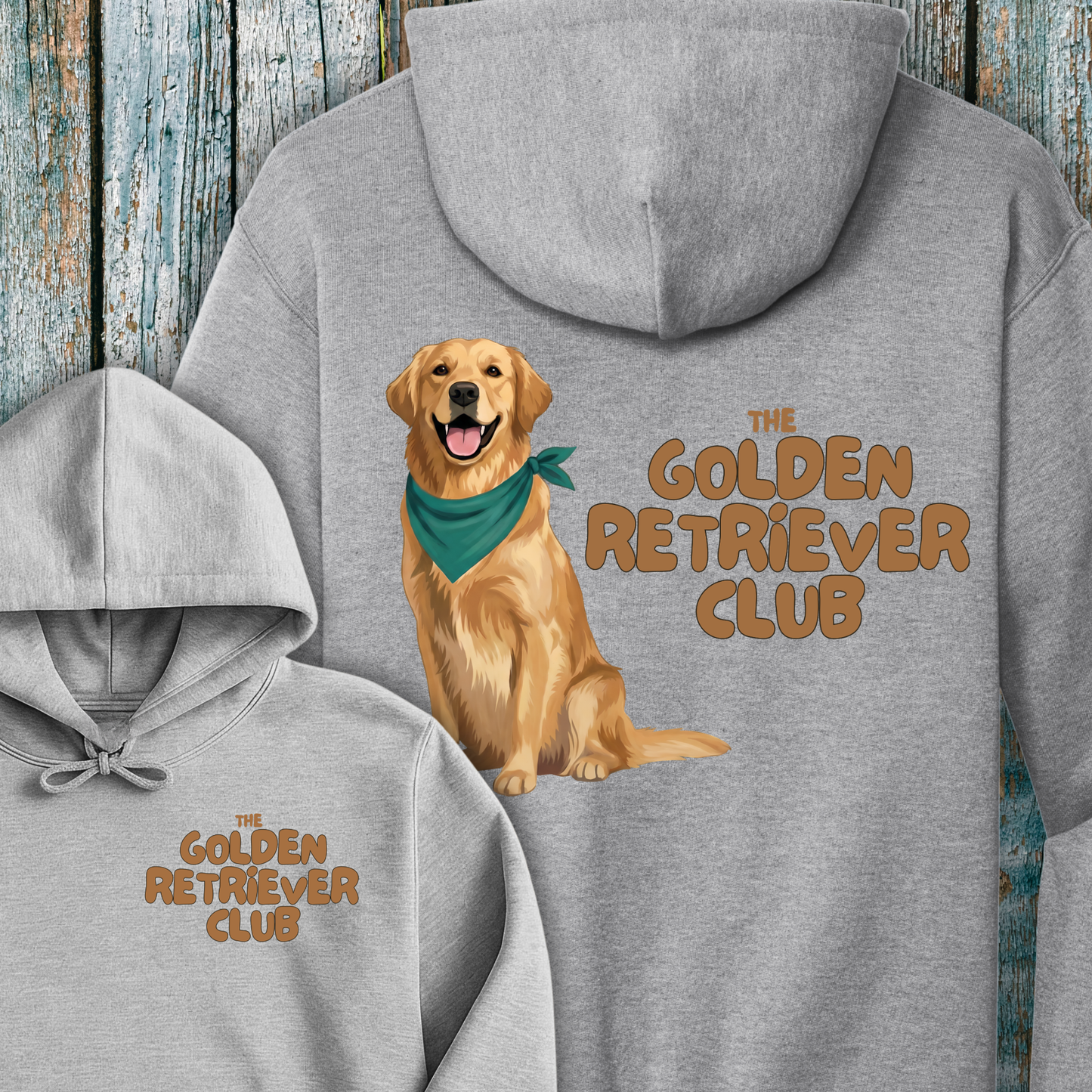 Gray hoodie with a Golden Retriever illustration and 'The Golden Retriever Club' text on a wooden background.