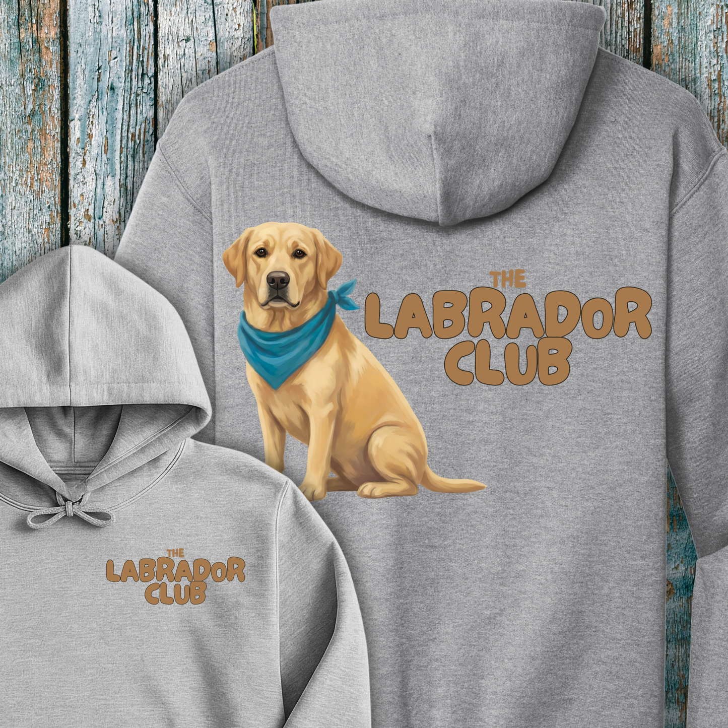Gray hoodie with a Golden Labrador retriever and 'The Labrador Club' text on a wooden background