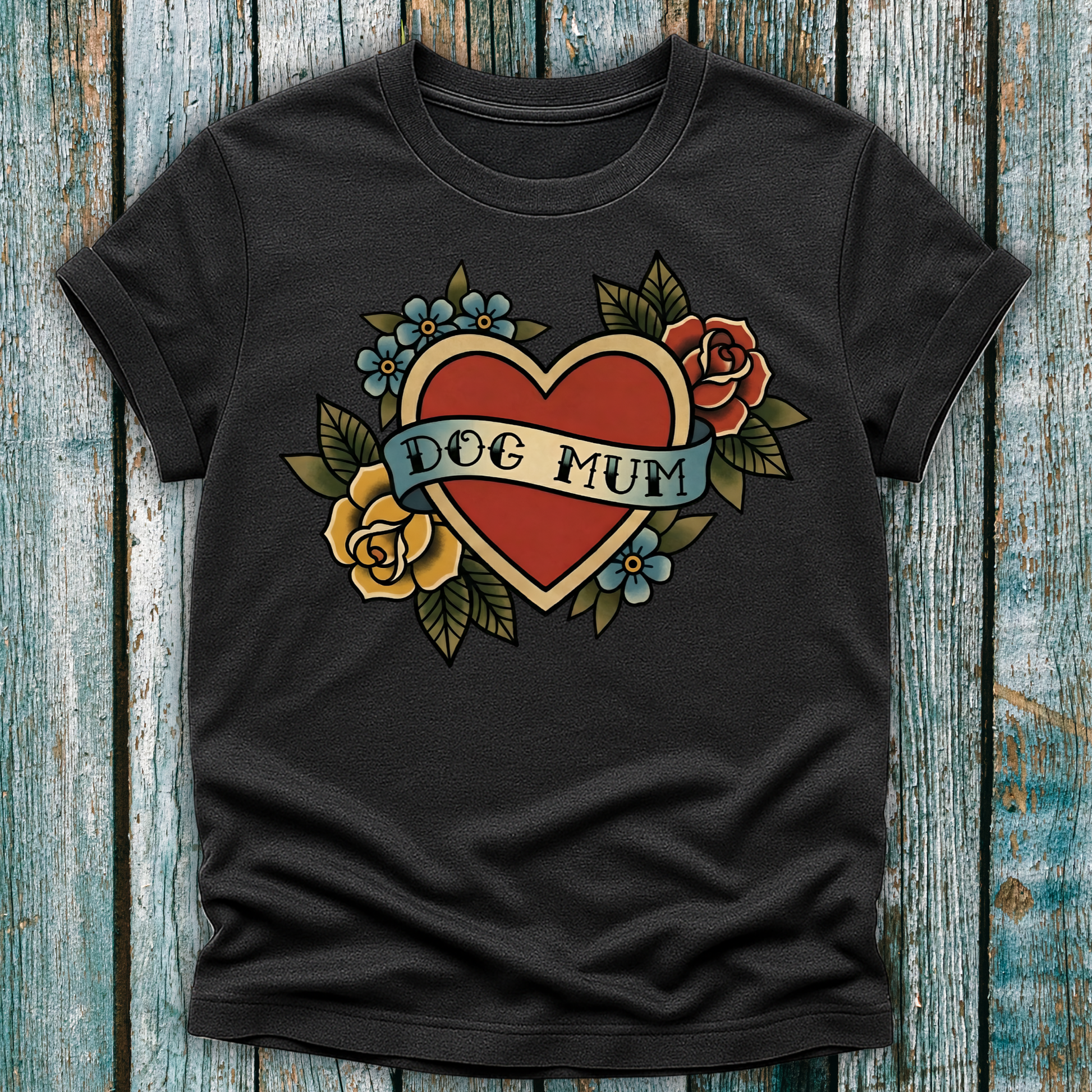 Dark Grey T-shirt with 'dog mum' inside a red love heart and flowers tattoo graphic