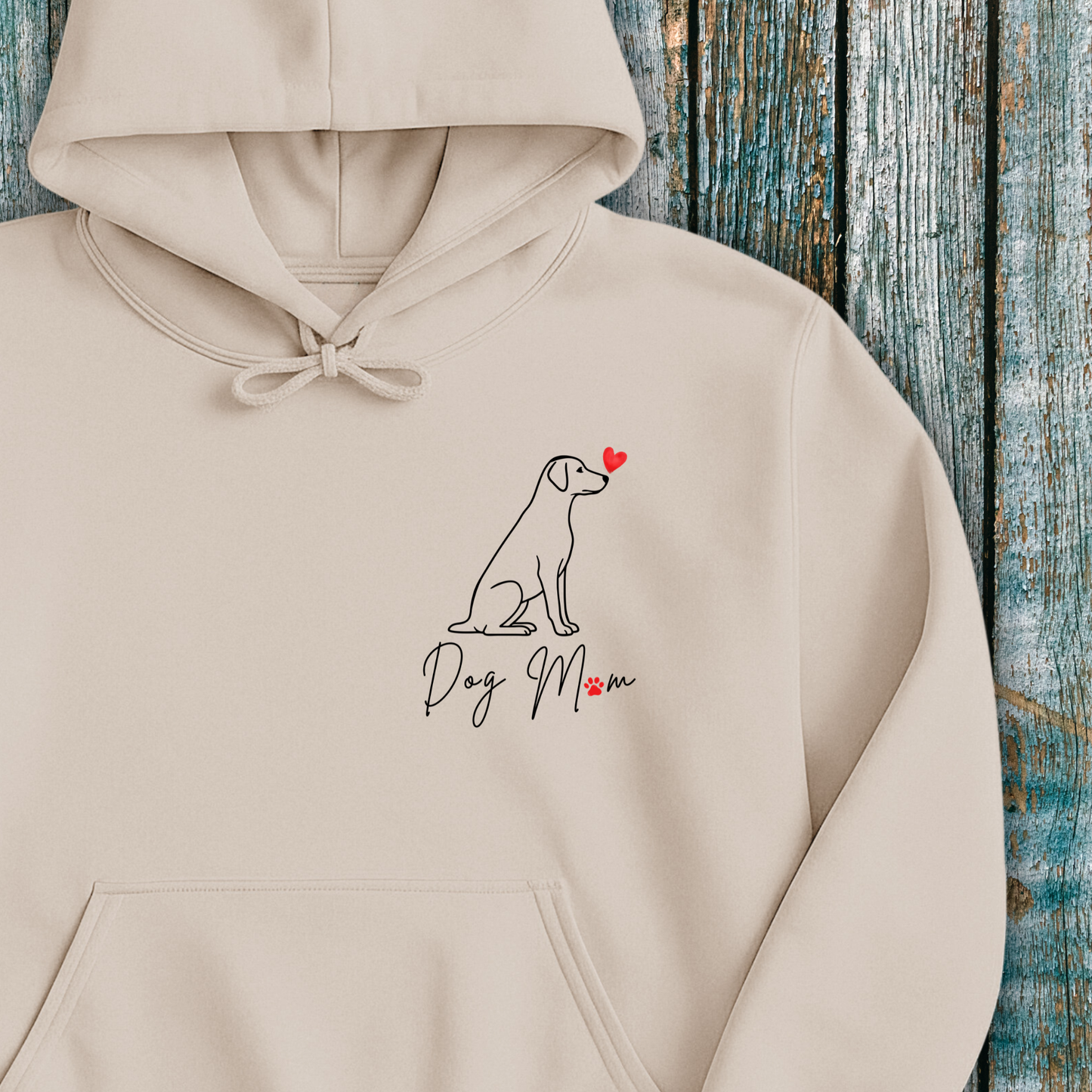 Beige Hoodie with Labrador line art and Dog Mum/Mom text