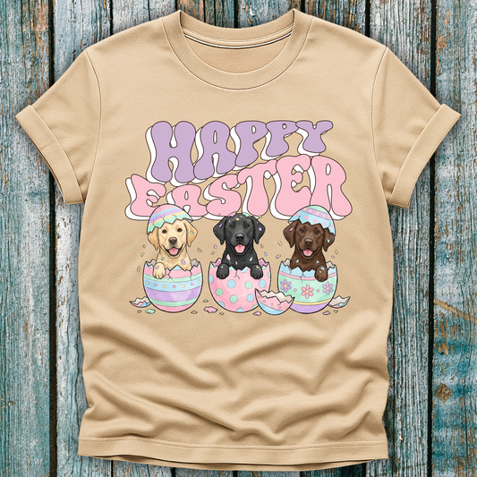 Beige T-shirt with Happy Easter and 3 Labrador puppies in Easter eggs