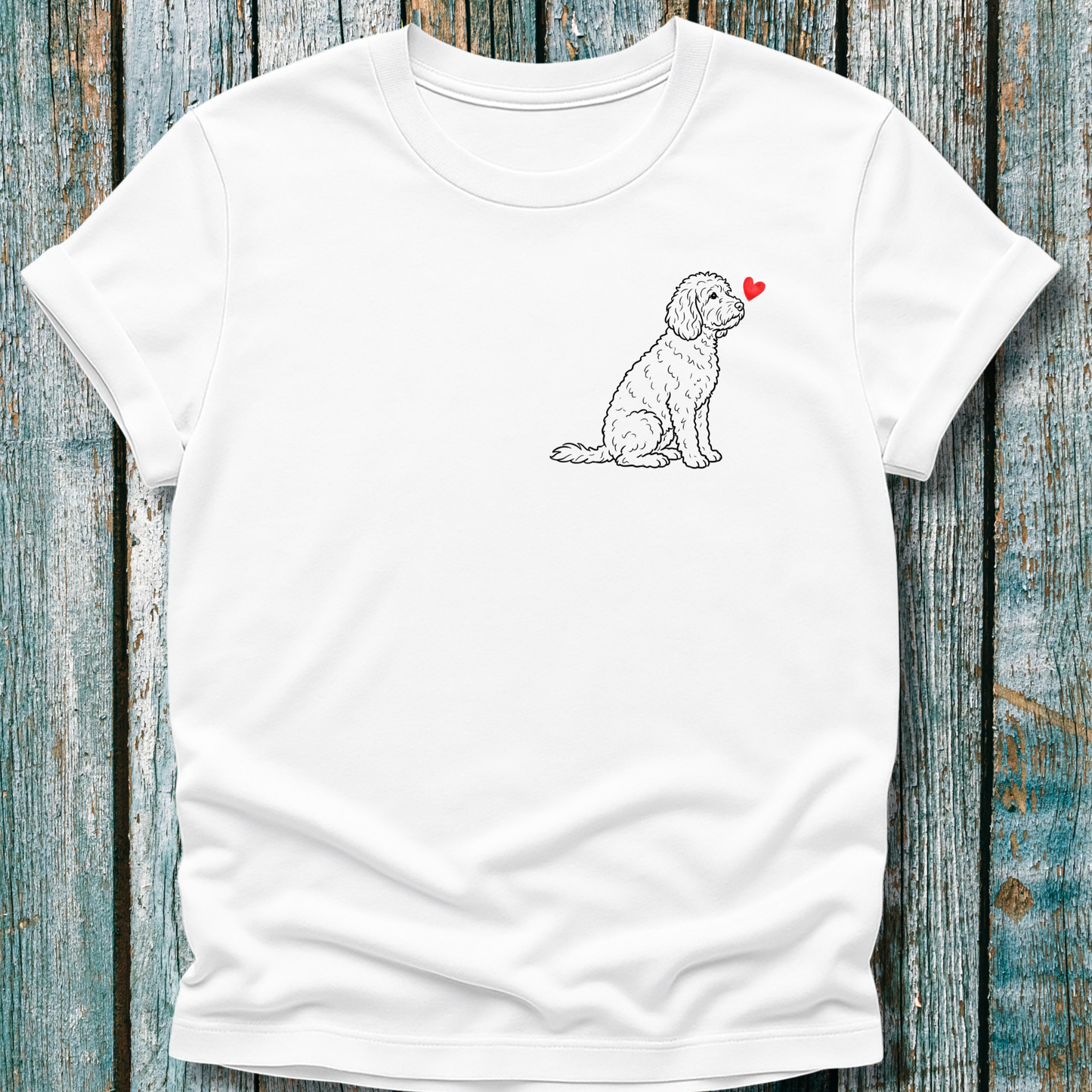 White t-shirt with Doodle dog graphic and a love heart