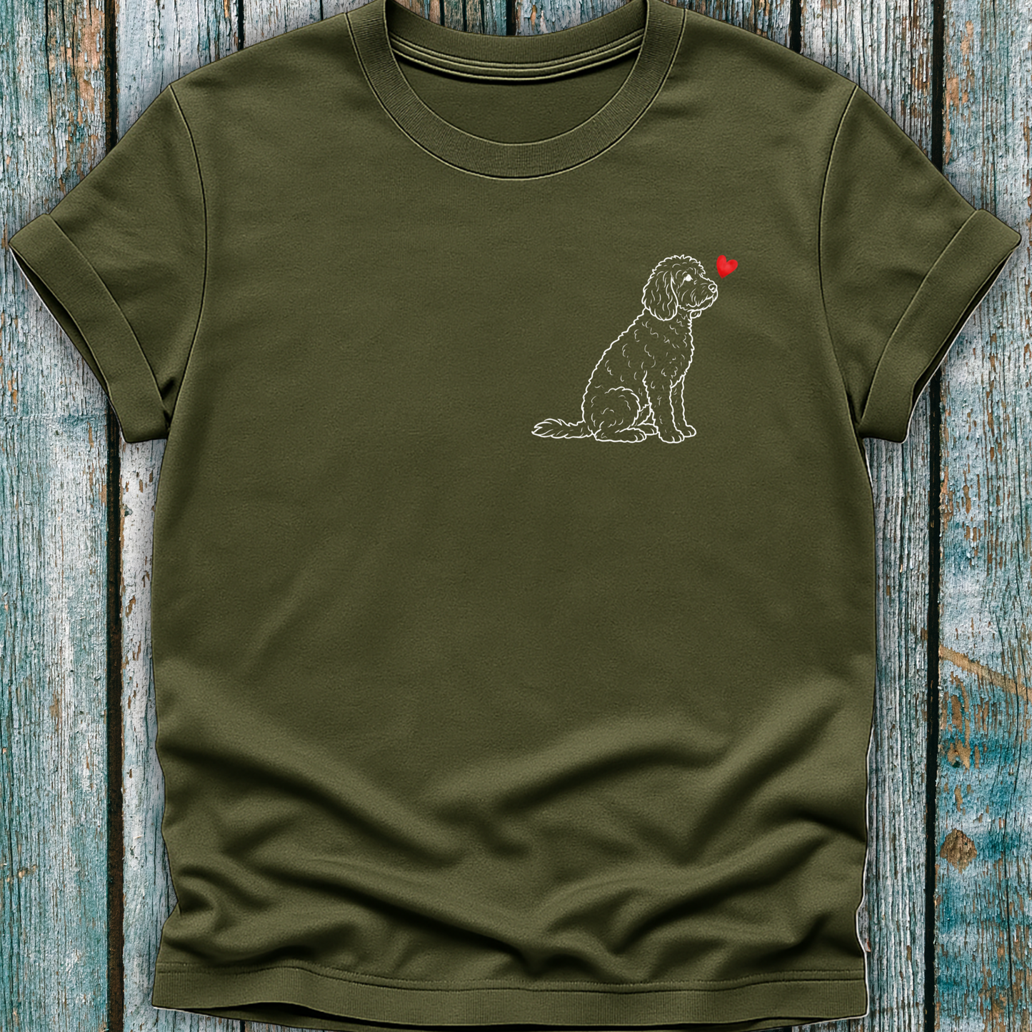 Green T-shirt with Doodle dog graphic and a love heart