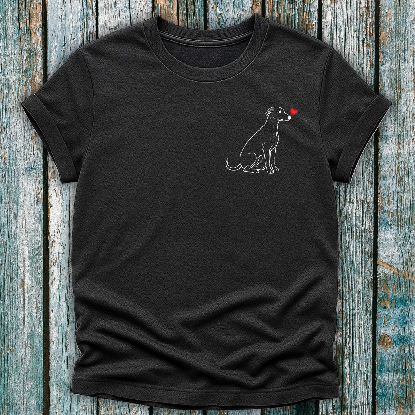 Dark Gray t-shirt with a Lurcher dog and heart design on a wooden surface