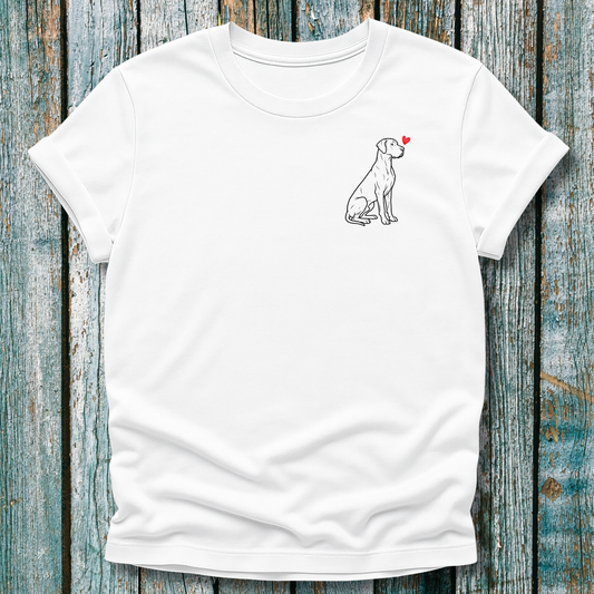 White t-shirt with a Great Dane dog illustration with a red heart on a wooden surface