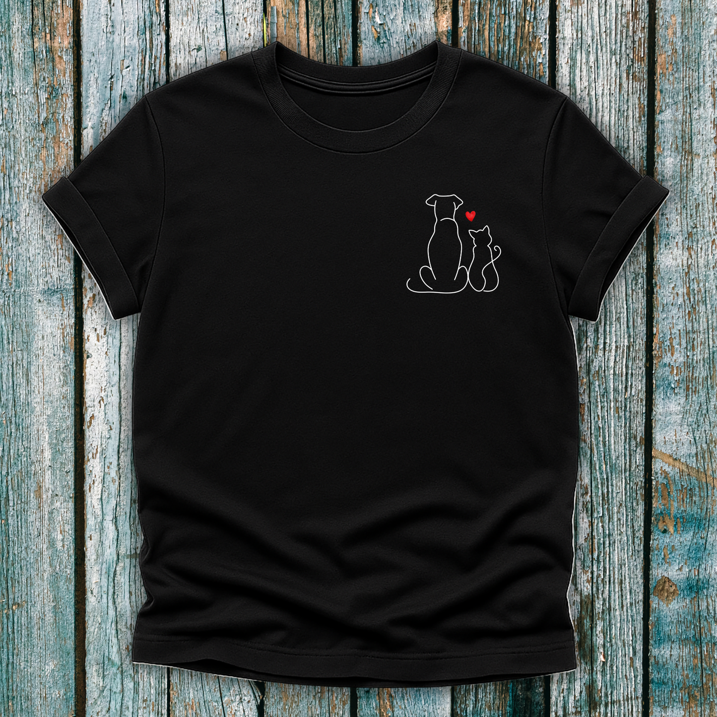Black T-Shirt with cat and dog silhouette and small red heart 