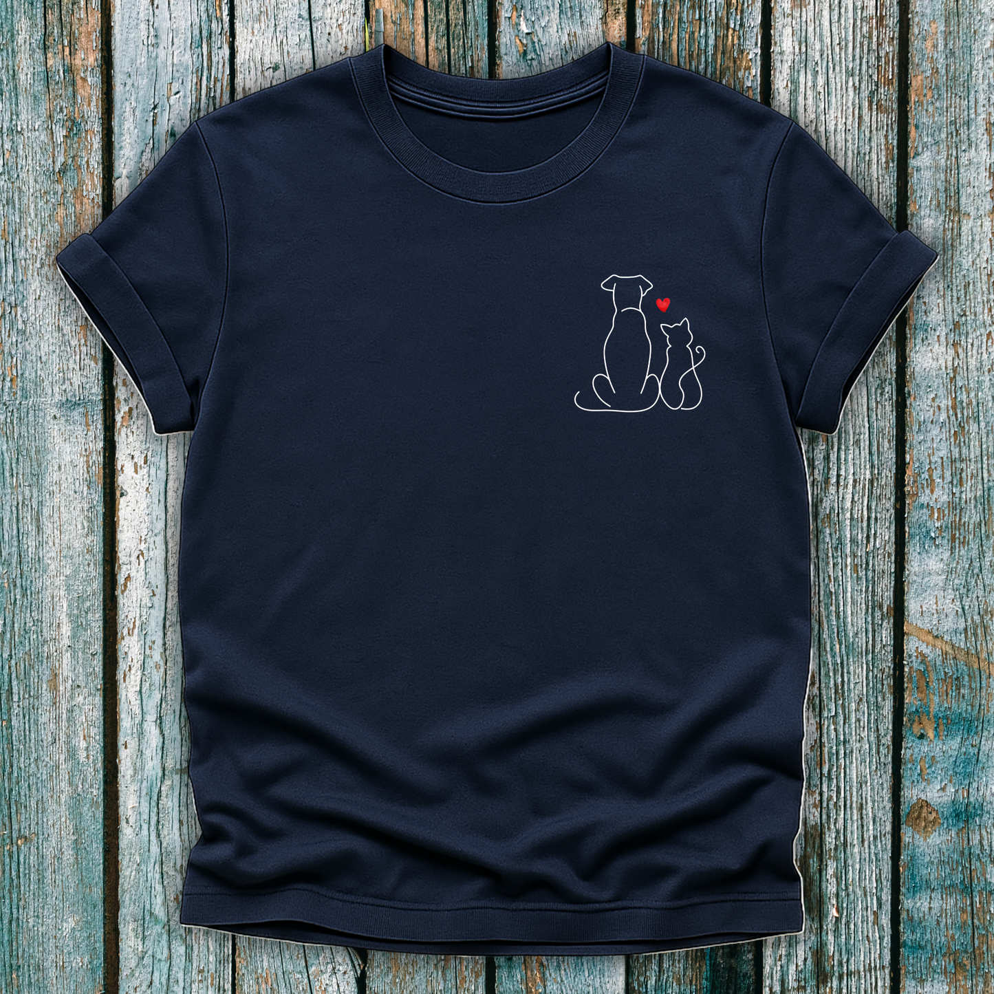 Navy T-Shirt with cat and dog silhouette and small red heart 