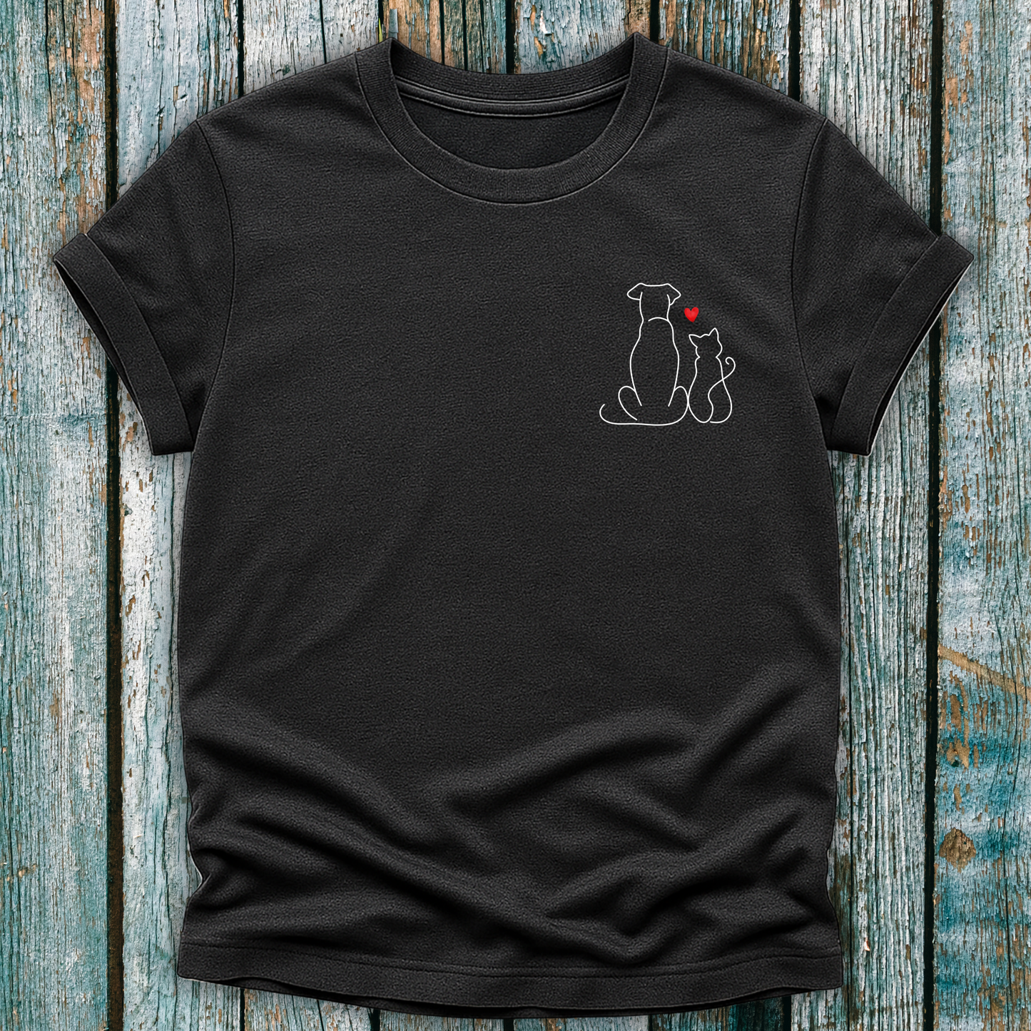 Dark Gray T-Shirt with cat and dog silhouette and small red heart 