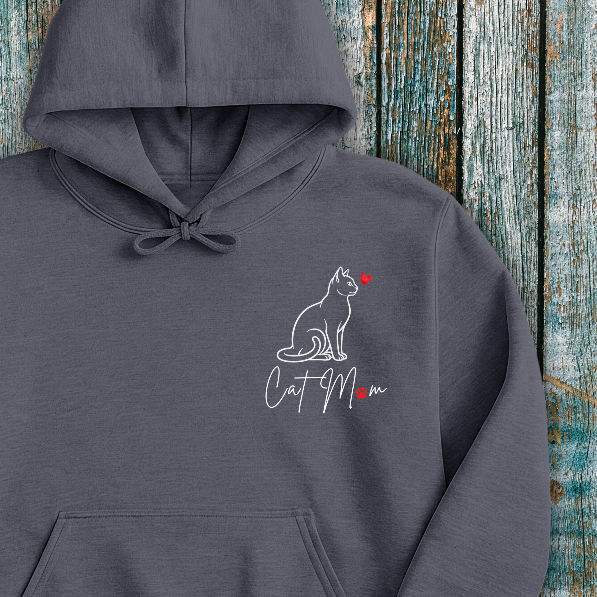 Dark Gray hoodie with 'Cat Mom' graphic and red heart on a wooden background