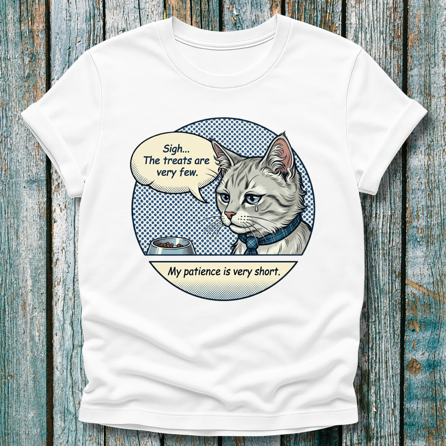 White  t shirt with pop art cartoon cat graphic