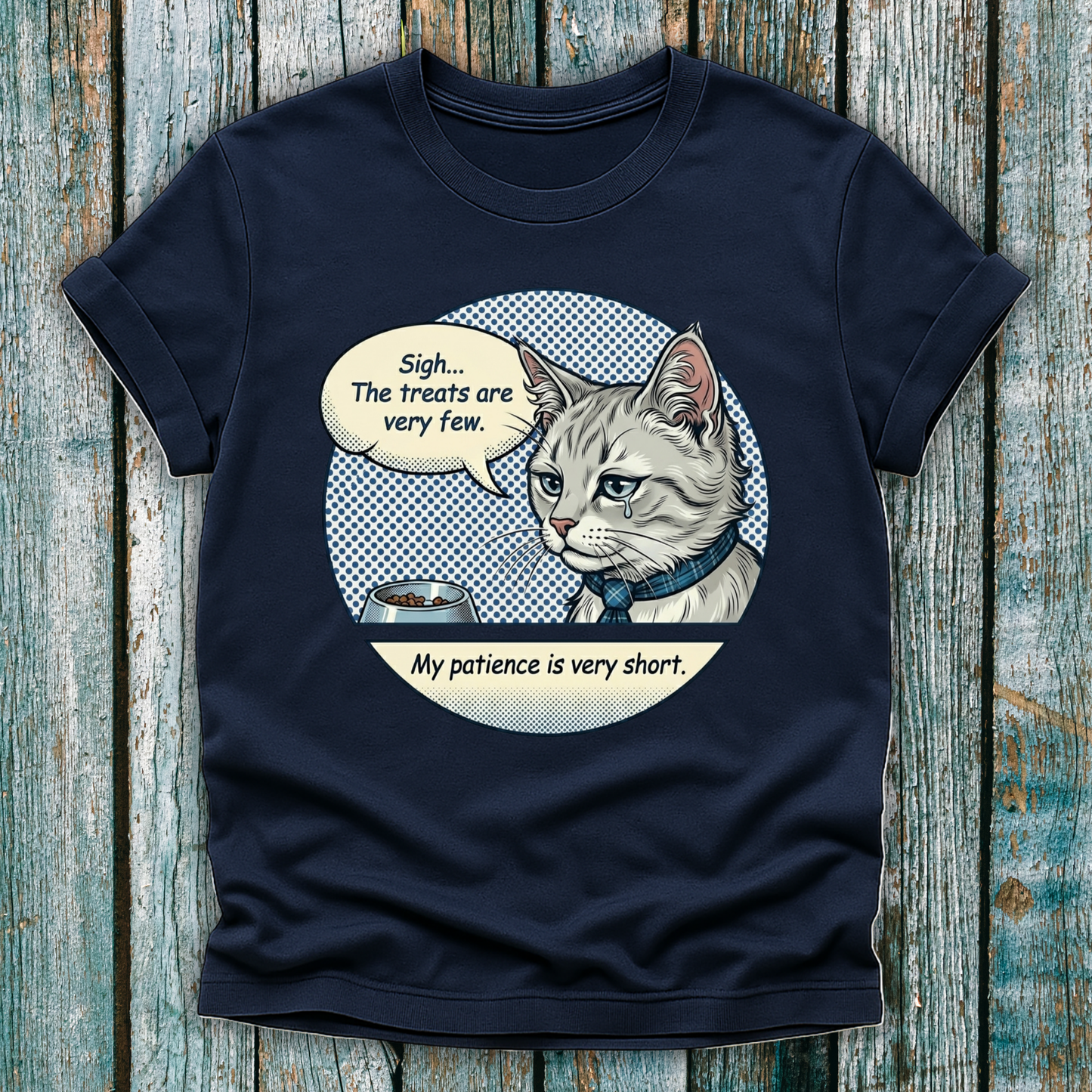 Navy t shirt with pop art cartoon cat graphic