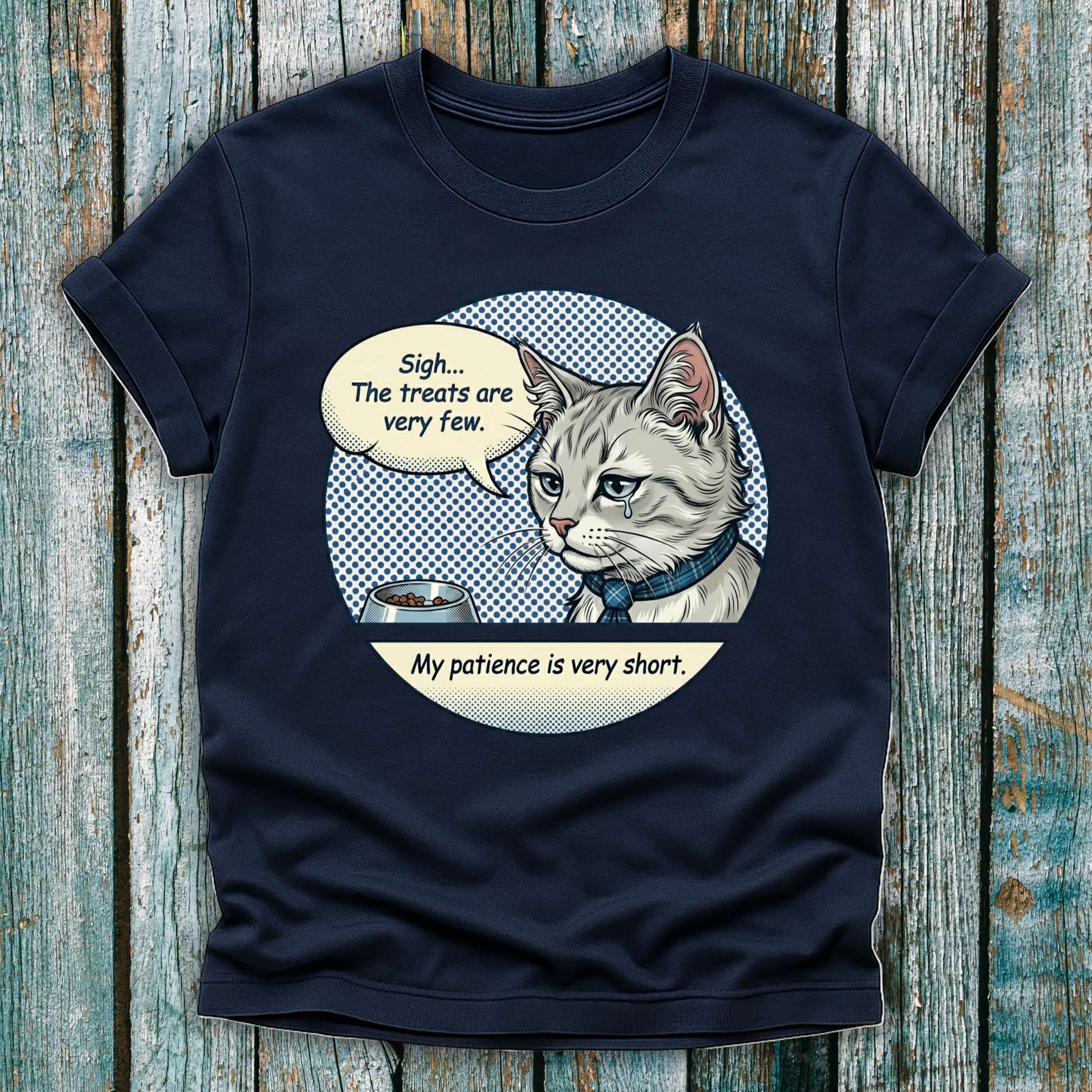 Navy t shirt with pop art cartoon cat graphic