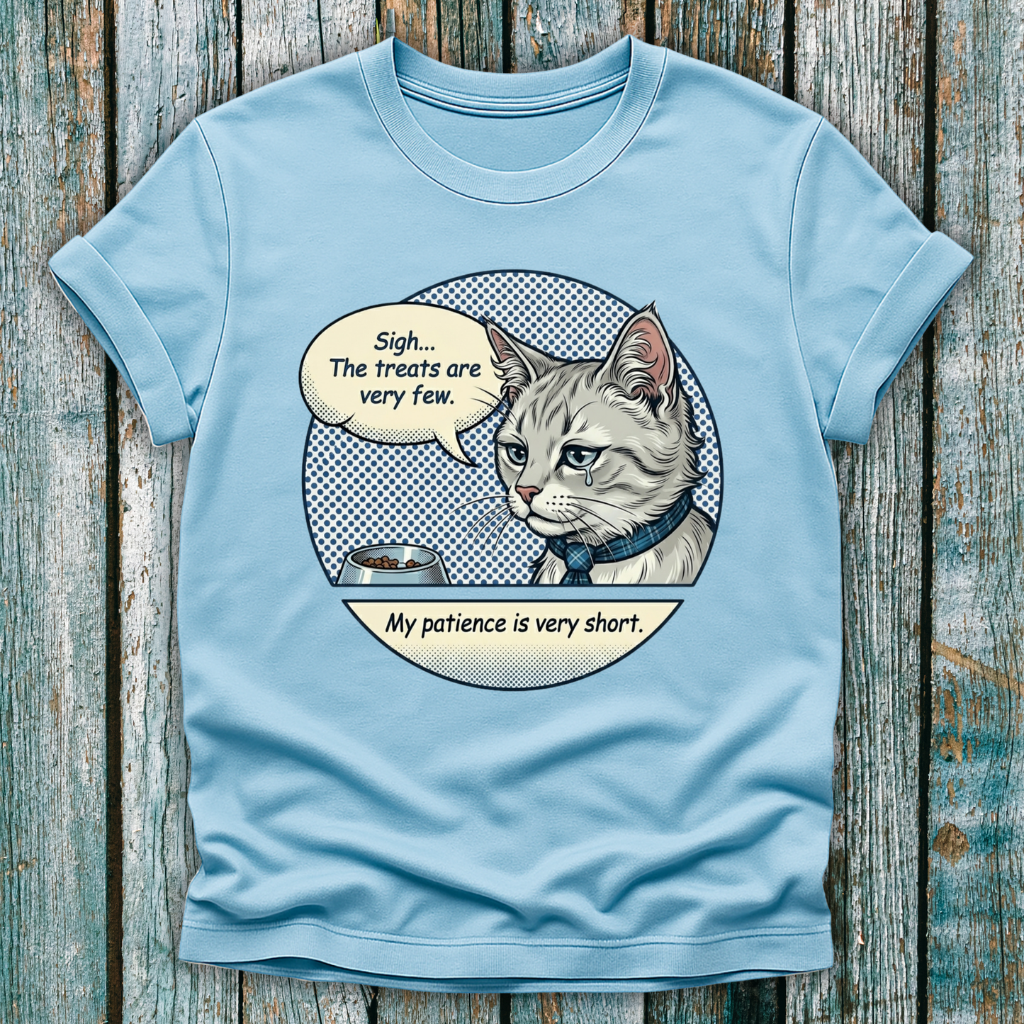 Light blue  t shirt with pop art cartoon cat graphic