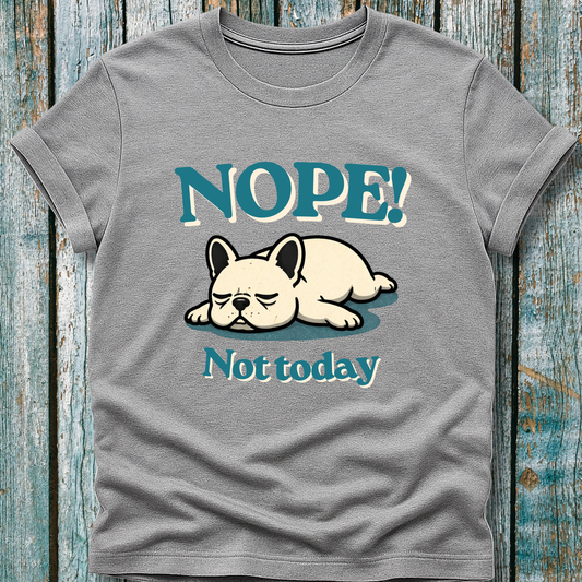 Gray t-shirt with a dog graphic and text 'NOPE! Not today' on a wooden surface