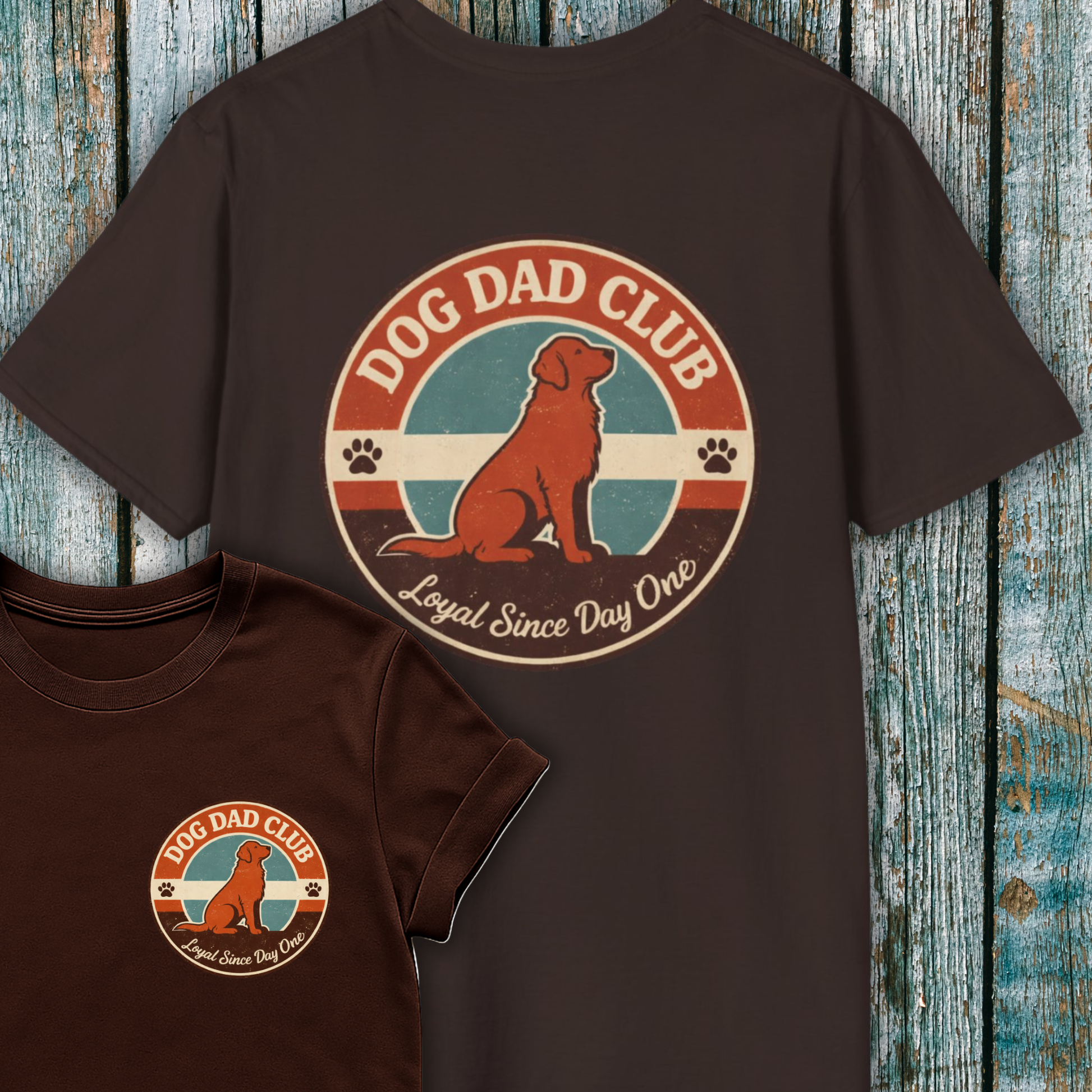 Brown t-shirt with 'Dog Dad Club' graphic on a wooden surface